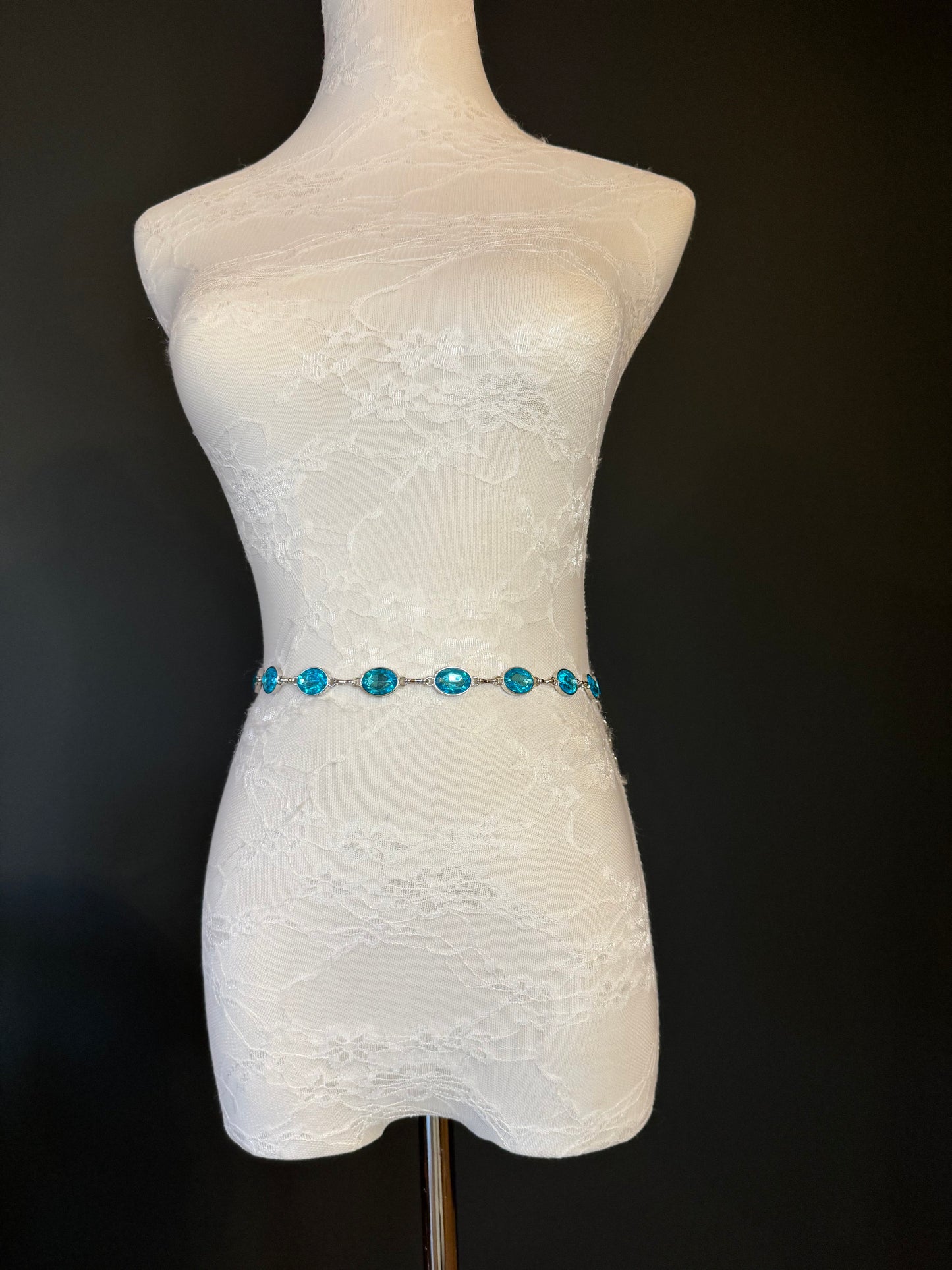 X-Long Belt, Turquoise Blue Jewel Rhinestone Belt, Silver Chain Belt, Vintage Style Belt, Diamante Belt, Fashion Belt, Elegant,Swimwear Belt