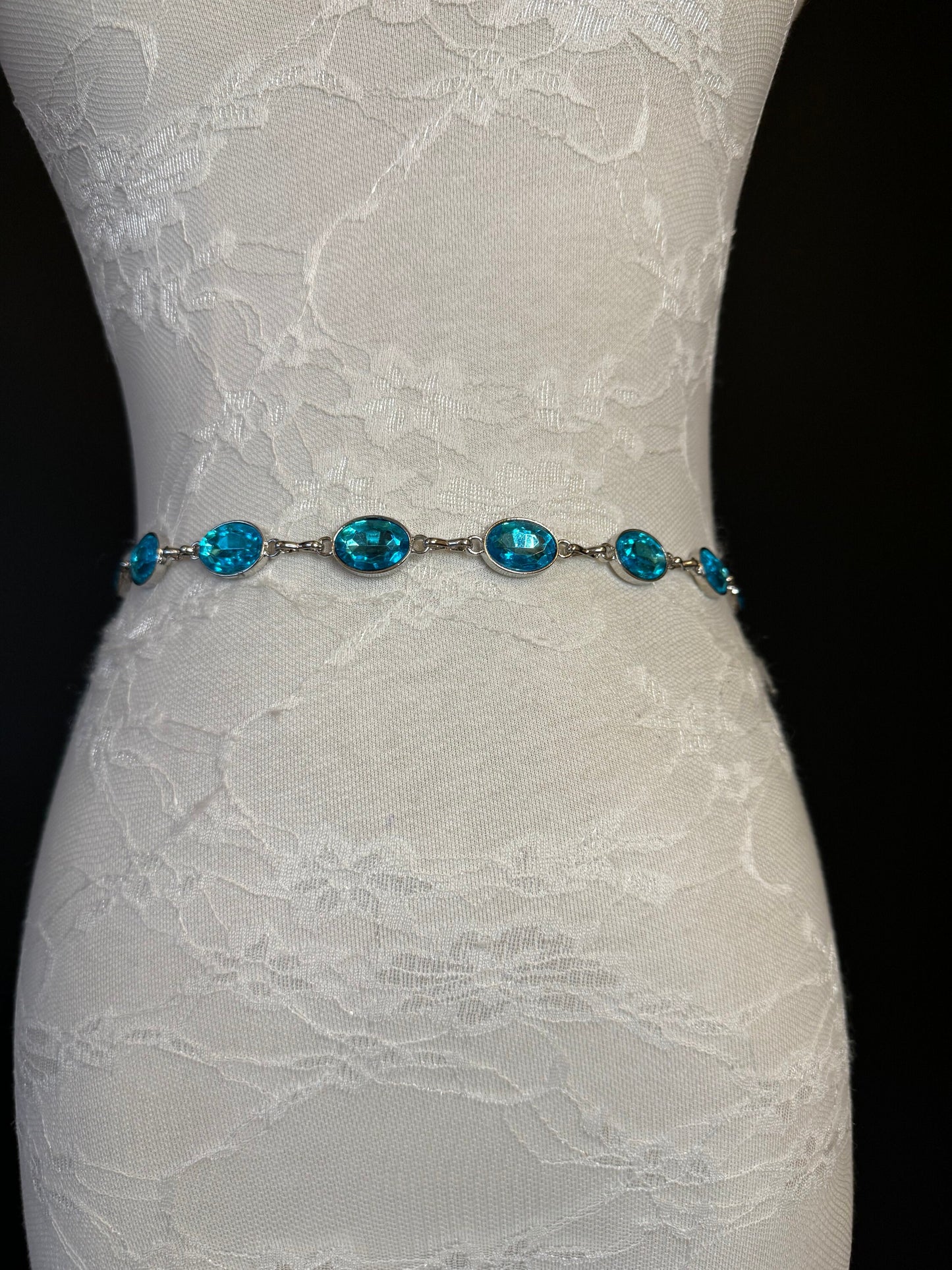 X-Long Belt, Turquoise Blue Jewel Rhinestone Belt, Silver Chain Belt, Vintage Style Belt, Diamante Belt, Fashion Belt, Elegant,Swimwear Belt
