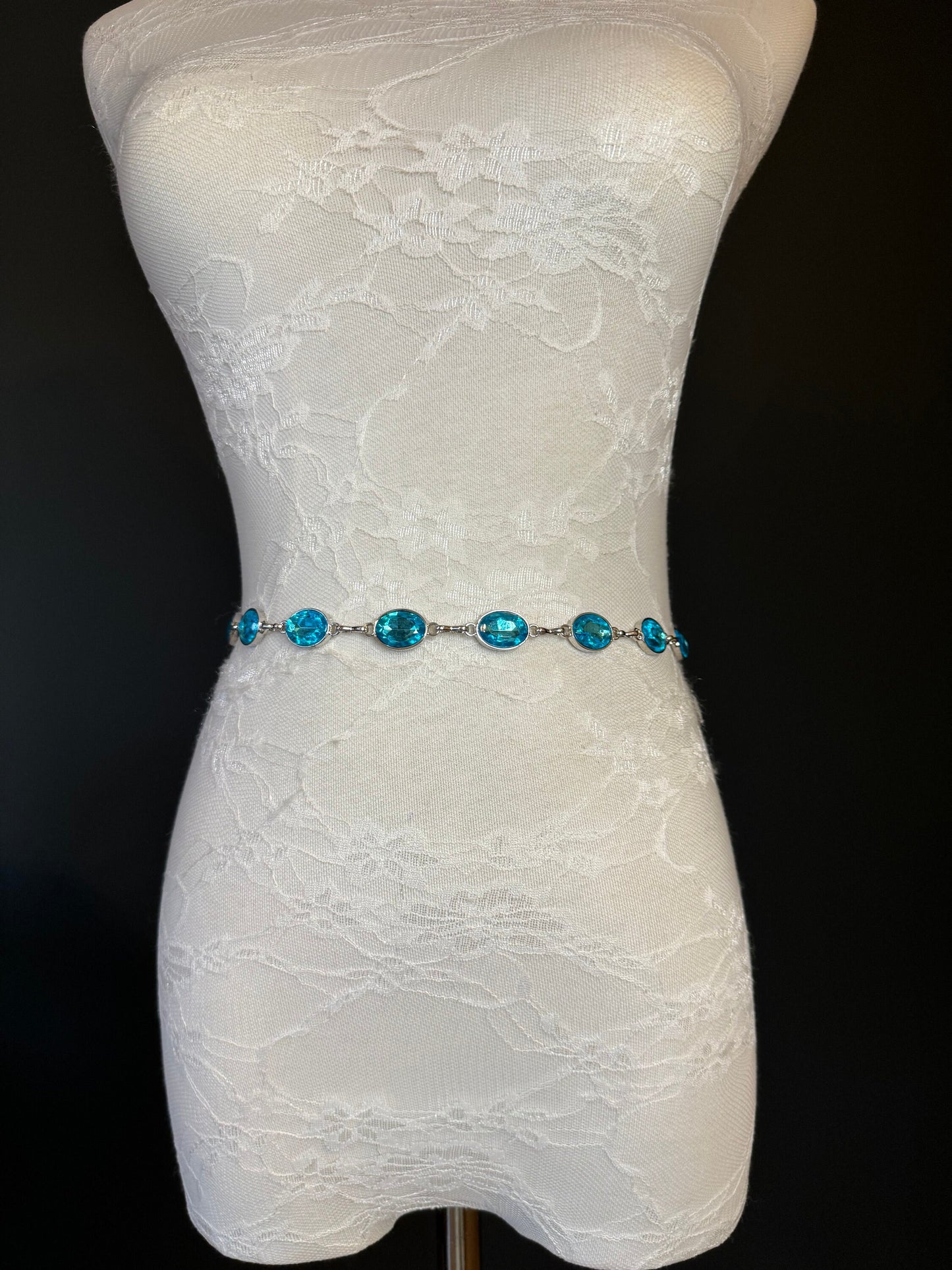 X-Long Belt, Turquoise Blue Jewel Rhinestone Belt, Silver Chain Belt, Vintage Style Belt, Diamante Belt, Fashion Belt, Elegant,Swimwear Belt