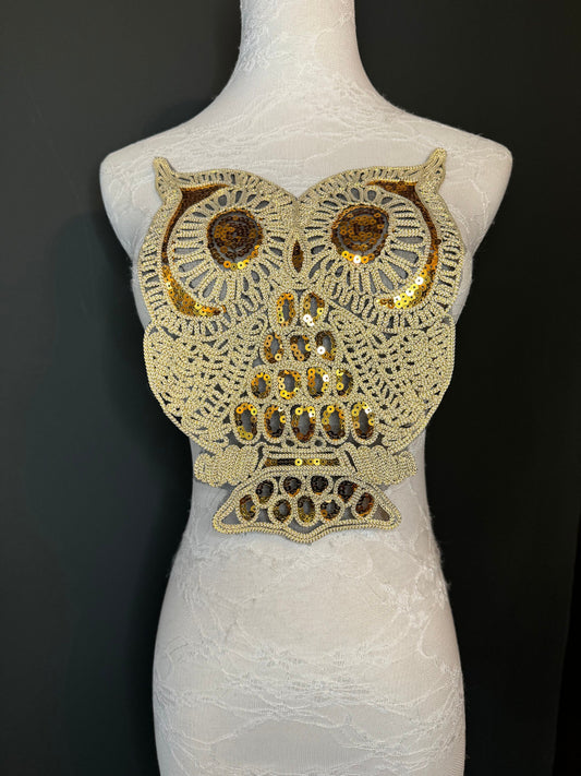 Lurex Motif, Owl, Motif, Sew on, Sequins, Crafts, Furnishings, Bags, Clothing, Costume, Fashion, Gold, Black,