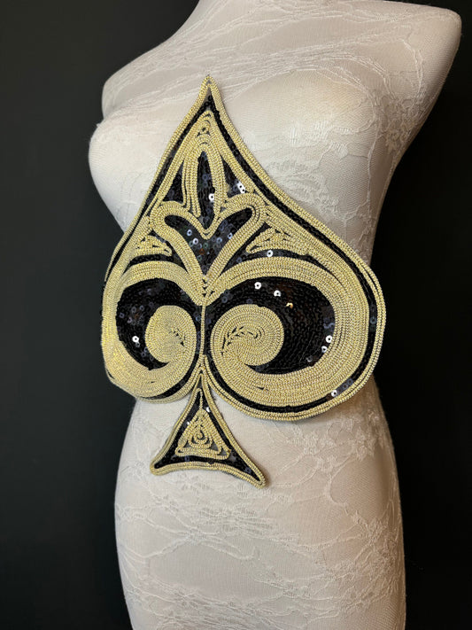Lurex Motif, Spades, Ace of Spades, Motif, Sew on, Sequins, Crafts, Furnishings, Bags, Clothing, Costume, Fashion, Gold, Black,