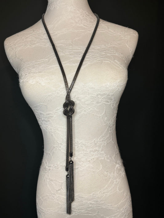 Gunmetal Chain Tassel Necklace, Elegant Fan Design