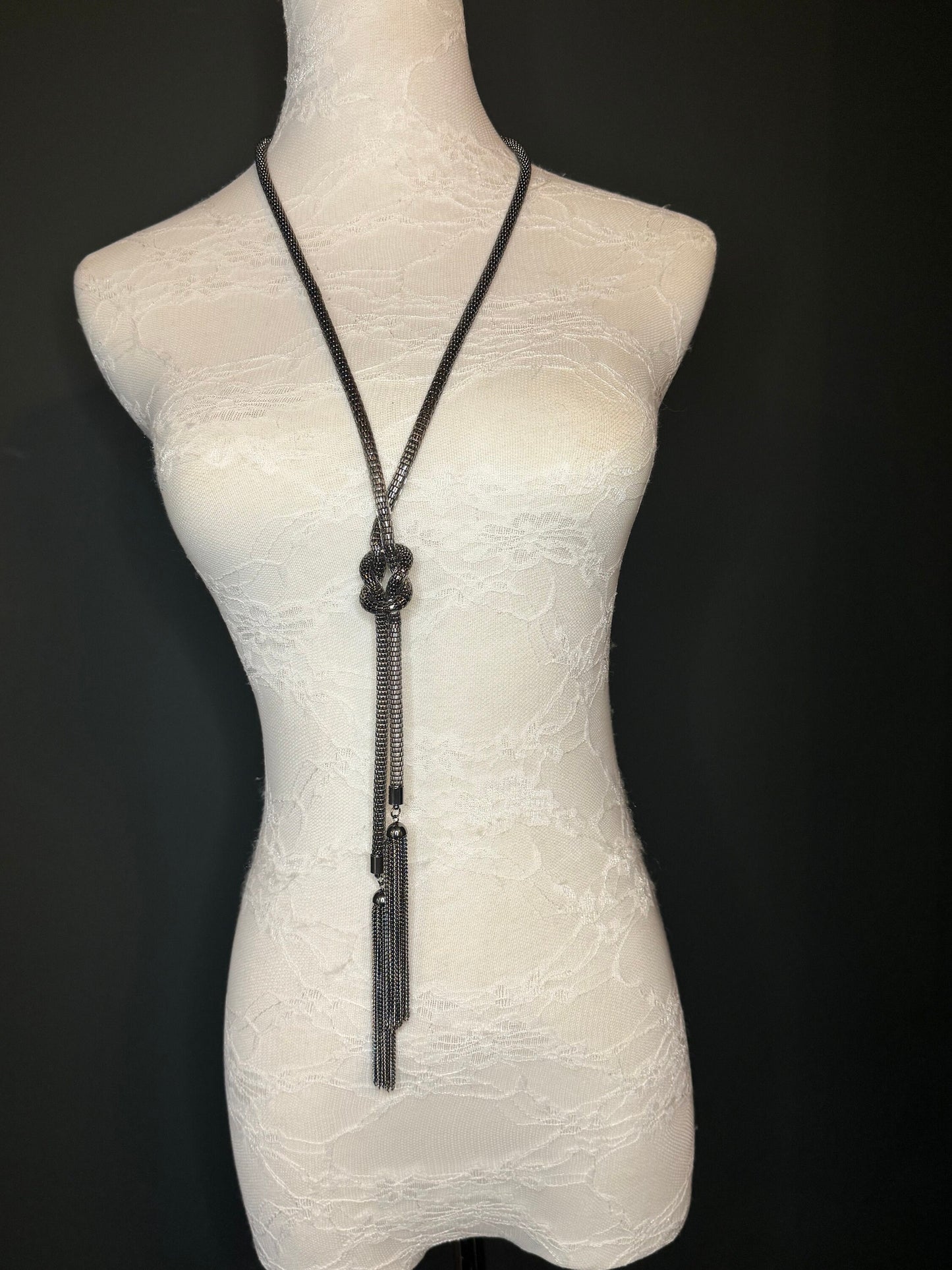 Gunmetal Chain Tassel Necklace, Elegant Fan Design