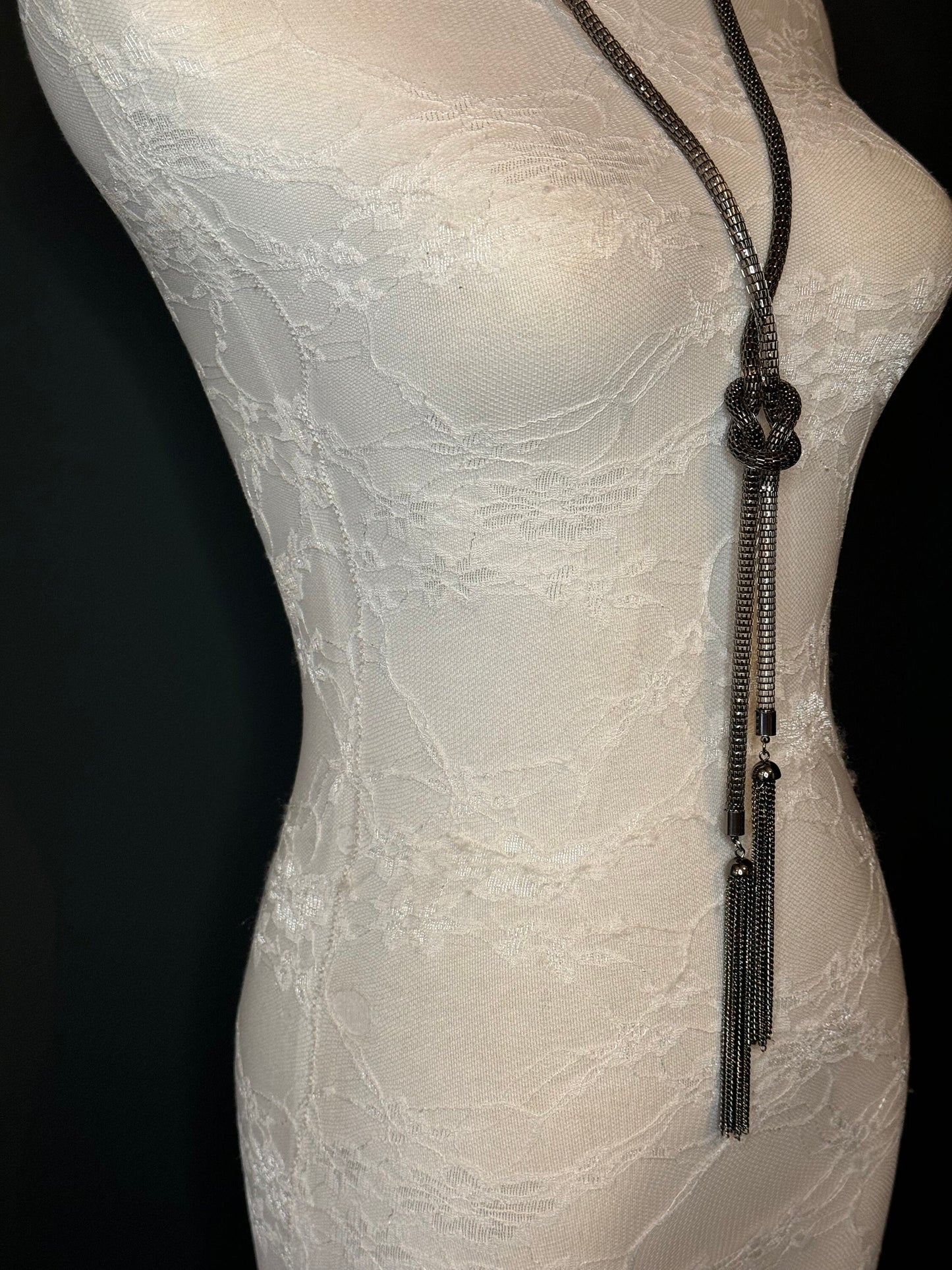 Gunmetal Chain Tassel Necklace, Elegant Fan Design