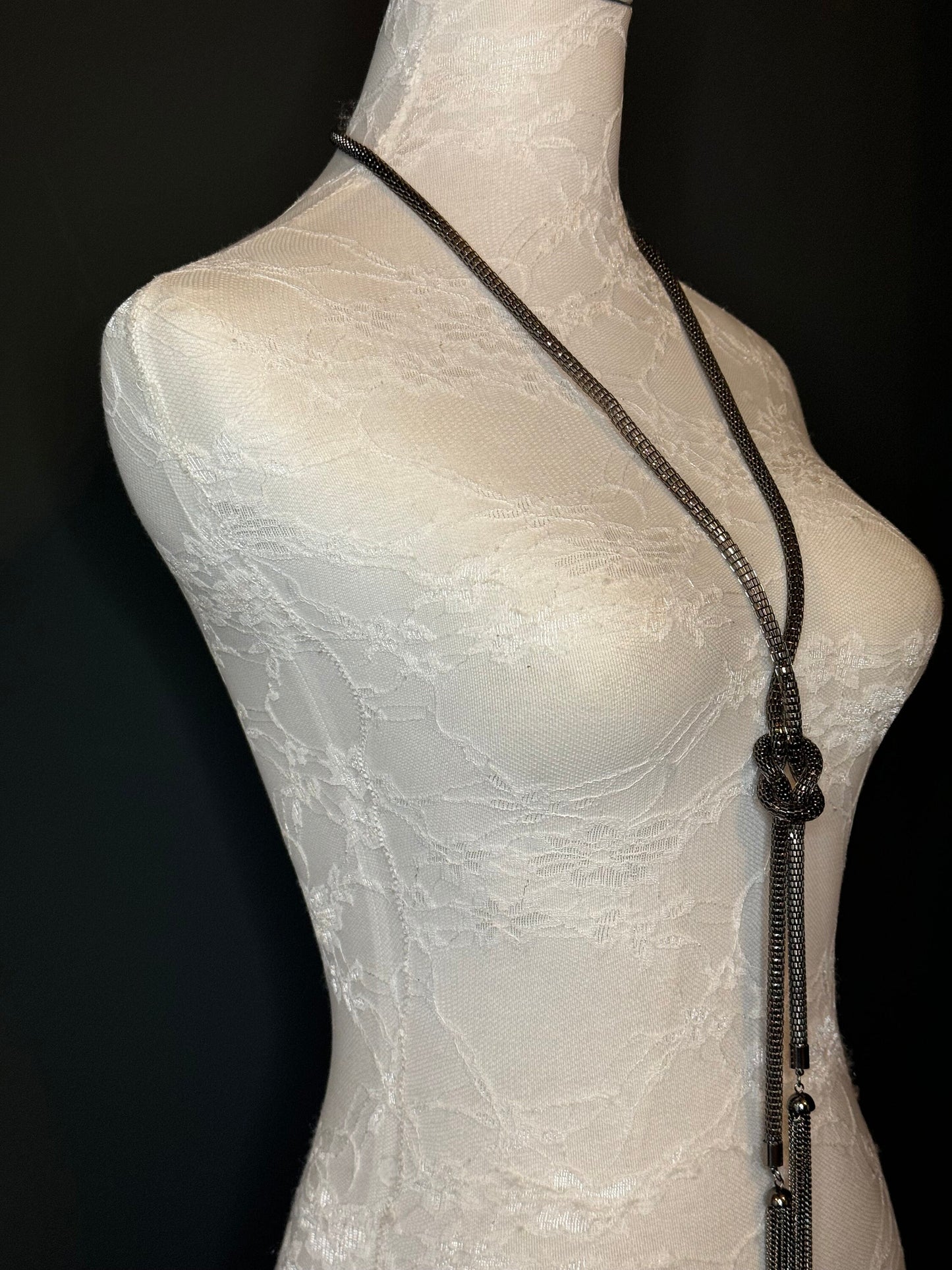 Gunmetal Chain Tassel Necklace, Elegant Fan Design
