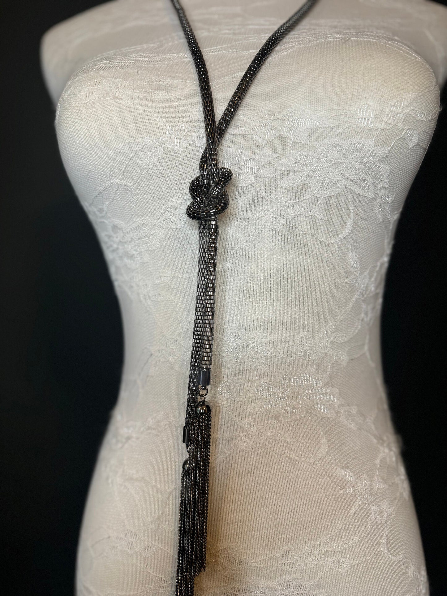 Gunmetal Chain Tassel Necklace, Elegant Fan Design