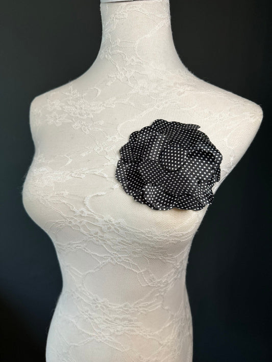 Corsage Flower, Pin on, Black White Spot, 5” Wide, Satin Fabric Pin on Corsage, Bridal, Clothing, Accessory, Fashion, Gift, FAN Design