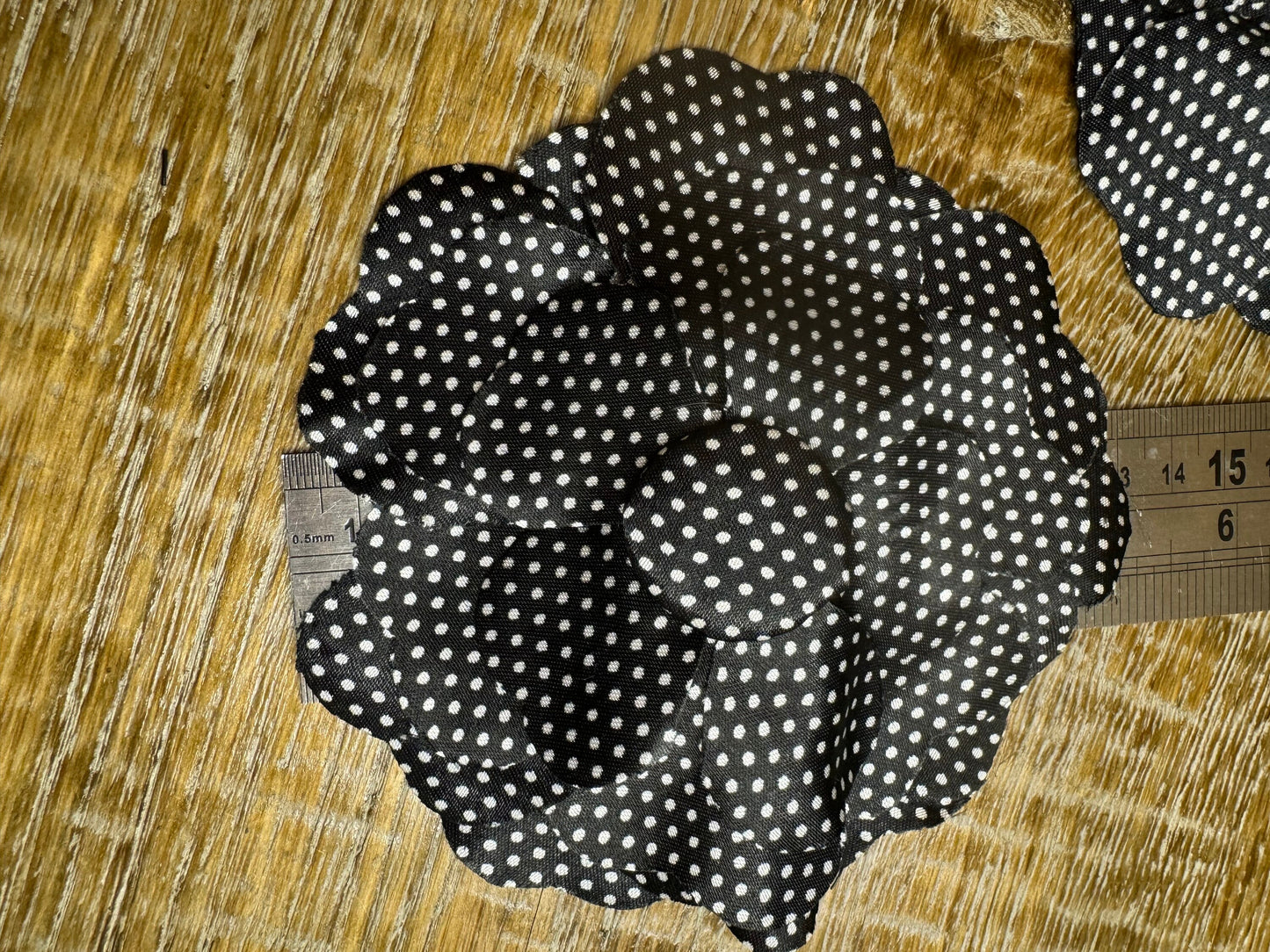 Corsage Flower, Pin on, Black White Spot, 5” Wide, Satin Fabric Pin on Corsage, Bridal, Clothing, Accessory, Fashion, Gift, FAN Design