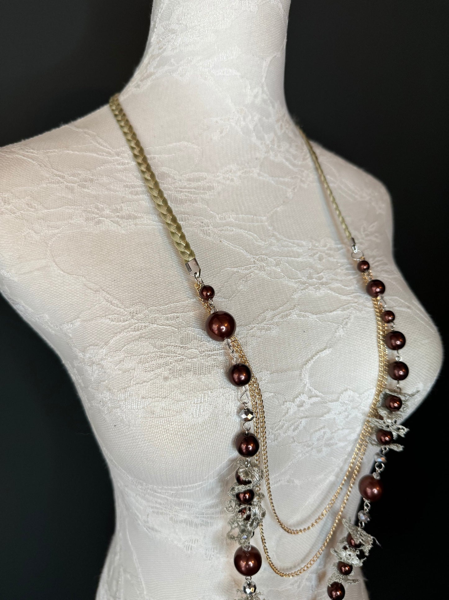 Beaded Lace Vintage Style Necklace, Necklace, Brown Beads, Gold Chain Necklace Quality, FAN Design, Accessory, Gift, Handmade, Elegant