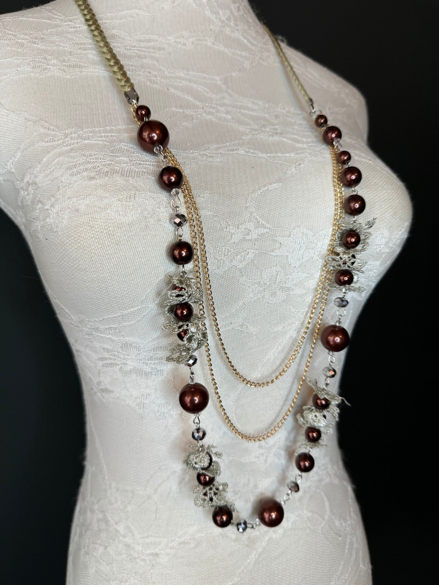 Beaded Lace Vintage Style Necklace, Necklace, Brown Beads, Gold Chain Necklace Quality, FAN Design, Accessory, Gift, Handmade, Elegant