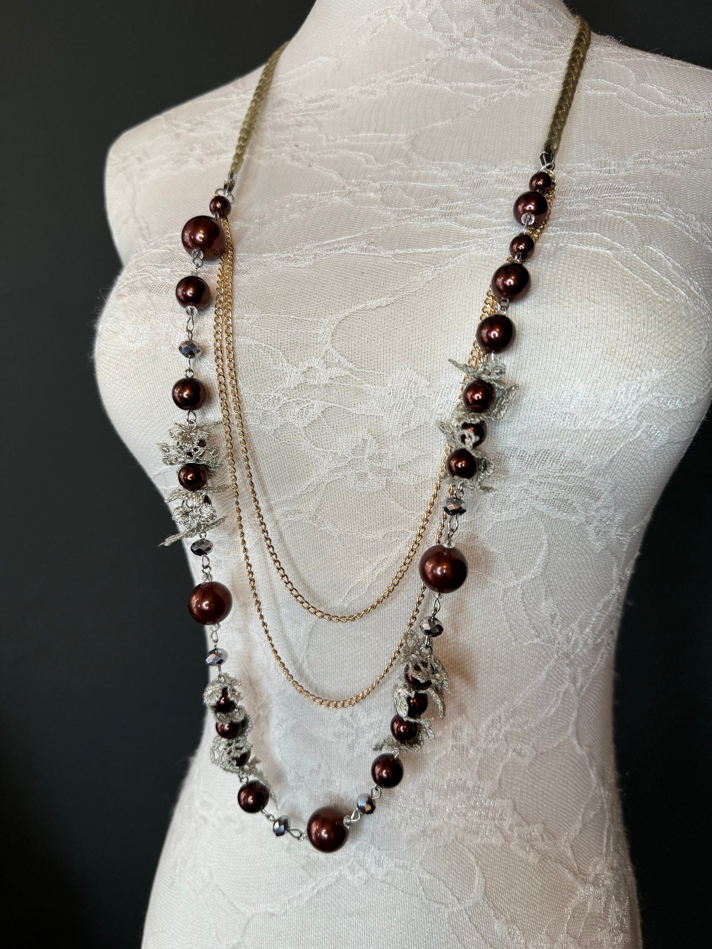 Beaded Lace Vintage Style Necklace, Necklace, Brown Beads, Gold Chain Necklace Quality, FAN Design, Accessory, Gift, Handmade, Elegant