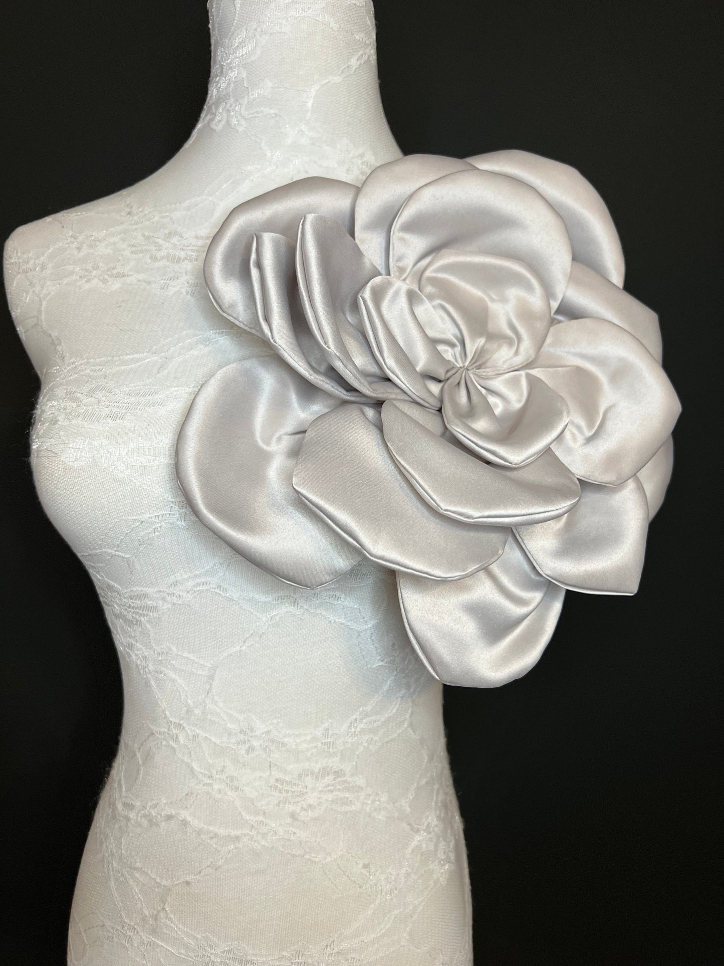 Oversized Grey Satin Corsage, Handmade Flower Pin, 11" wide 9 Colours
