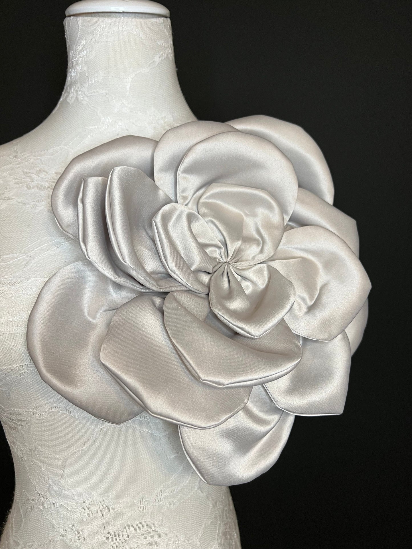 Oversized Grey Satin Corsage, Handmade Flower Pin, 11" wide 9 Colours