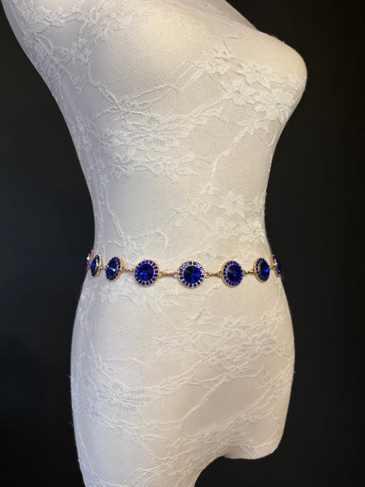 X-Long Belt, Royal Blue Rhinestone Belt, Gold Chain Belt, Vintage Style Belt, Diamante Belt, Fashion Belt, Elegant, Swimwear Belt