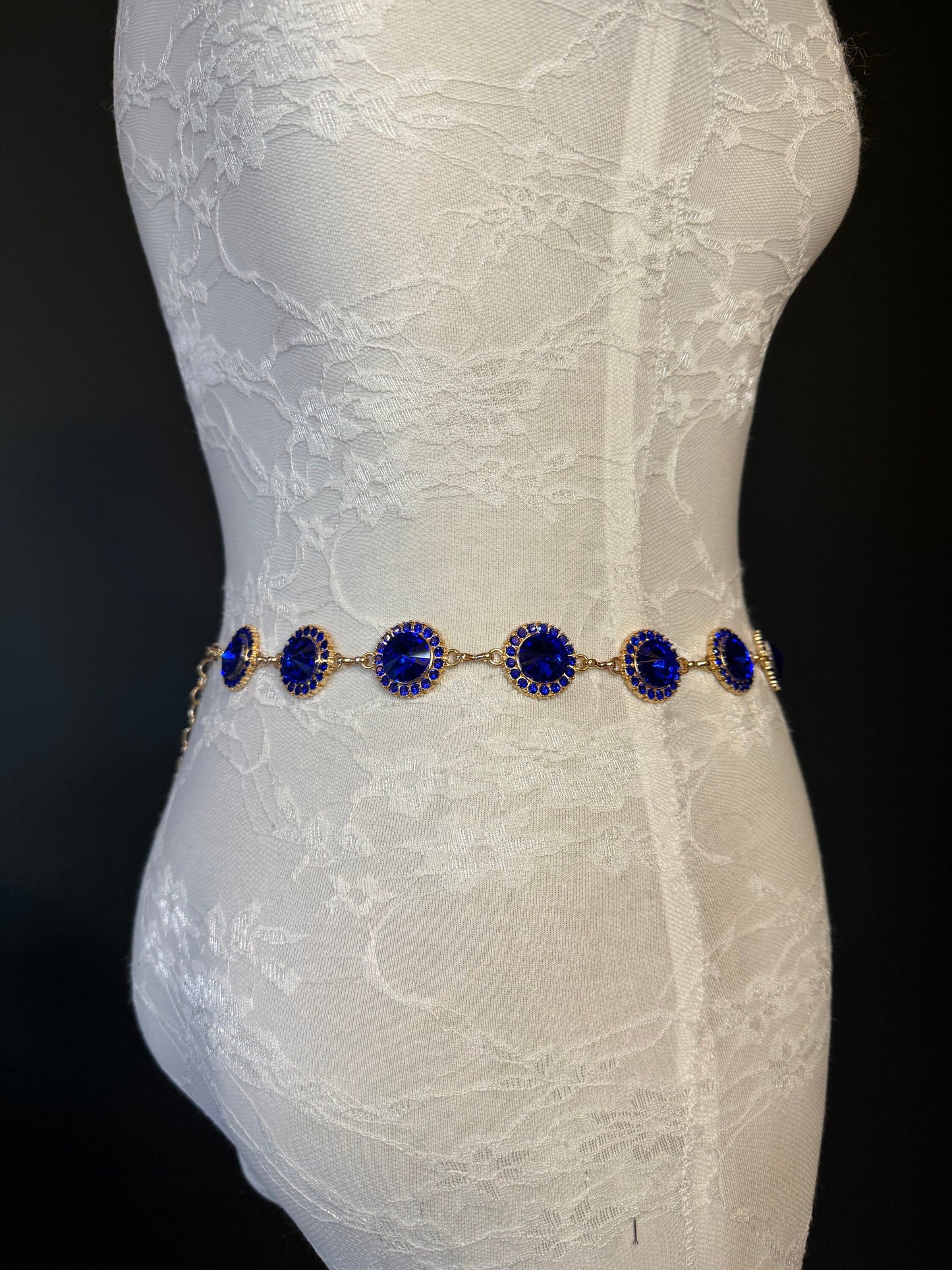 X-Long Belt, Royal Blue Rhinestone Belt, Gold Chain Belt, Vintage Style Belt, Diamante Belt, Fashion Belt, Elegant, Swimwear Belt