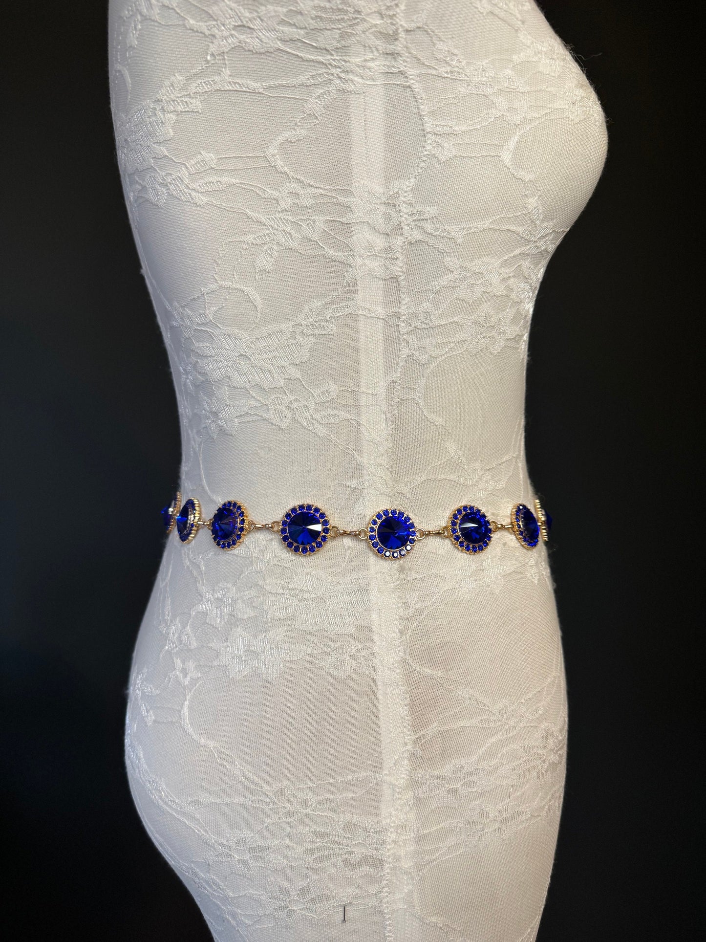 X-Long Belt, Royal Blue Rhinestone Belt, Gold Chain Belt, Vintage Style Belt, Diamante Belt, Fashion Belt, Elegant, Swimwear Belt