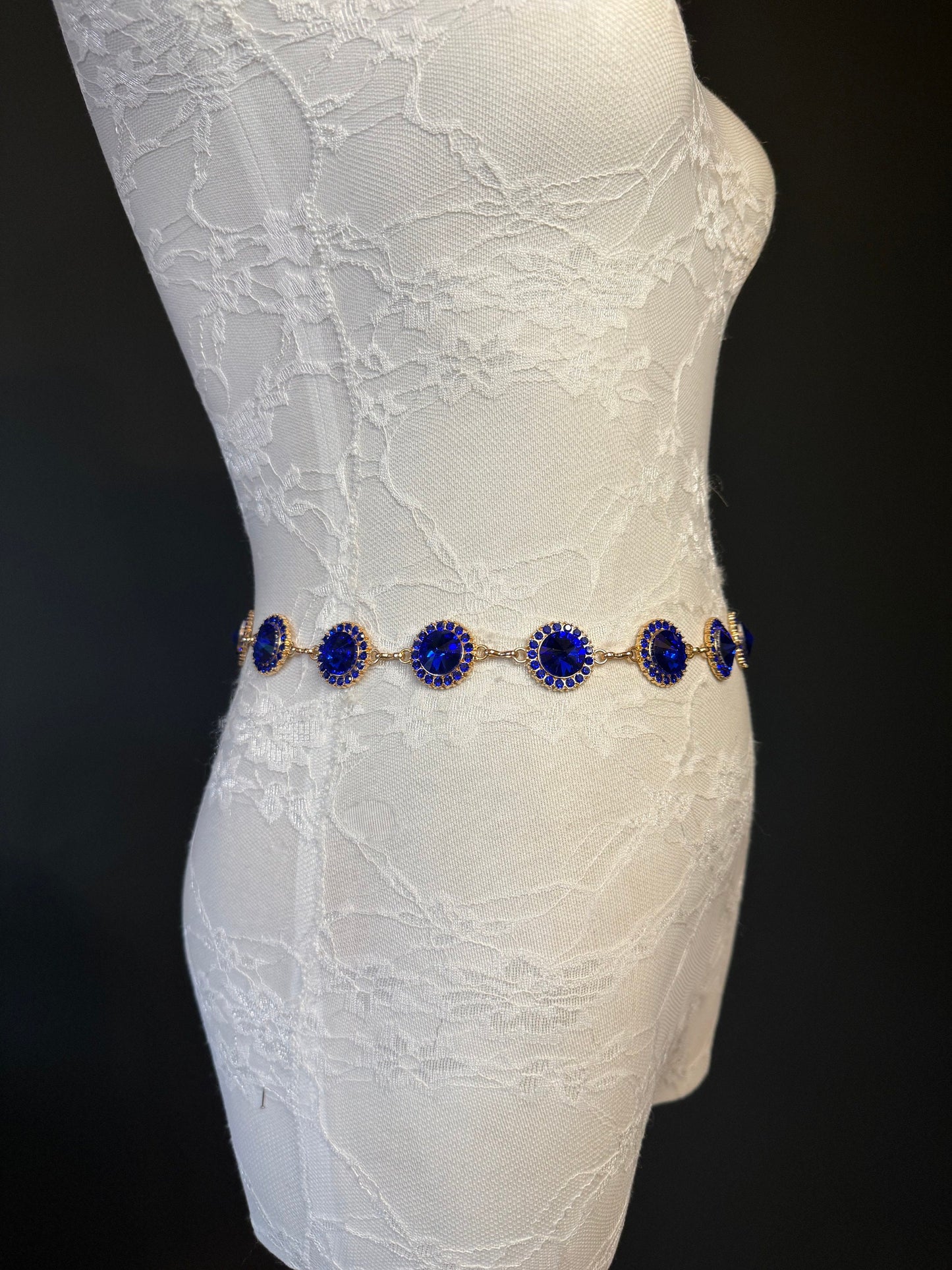 X-Long Belt, Royal Blue Rhinestone Belt, Gold Chain Belt, Vintage Style Belt, Diamante Belt, Fashion Belt, Elegant, Swimwear Belt