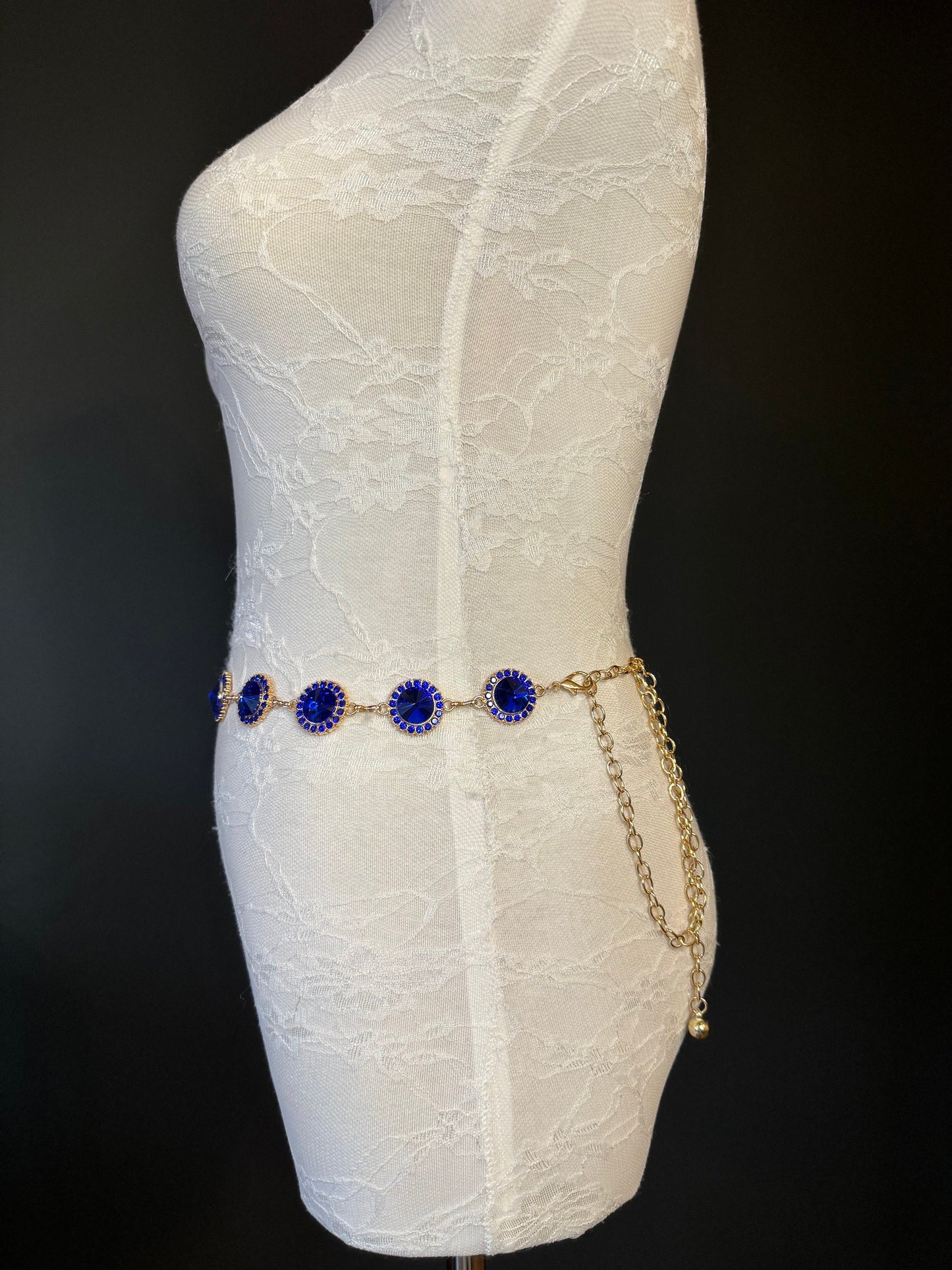 X-Long Belt, Royal Blue Rhinestone Belt, Gold Chain Belt, Vintage Style Belt, Diamante Belt, Fashion Belt, Elegant, Swimwear Belt