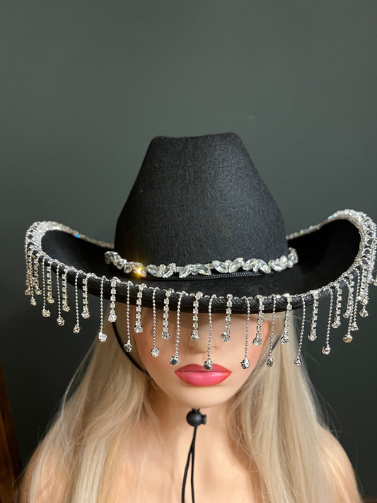 Rhinestone Hat, Fringe Hat, Hen, Party, Cowboy Hat, Black Pink White