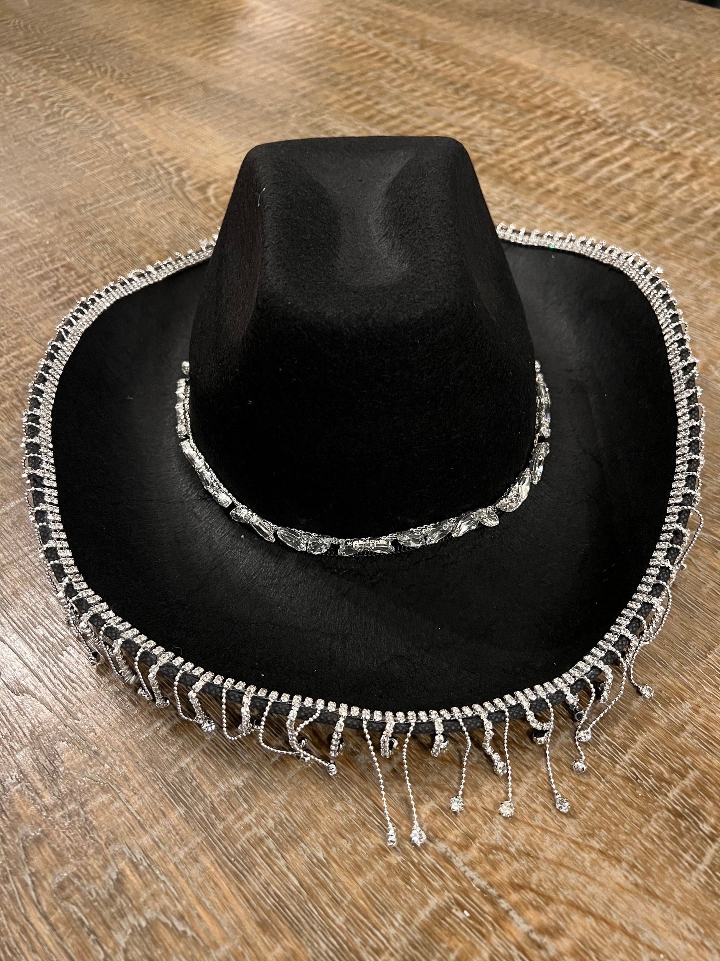 Rhinestone Hat, Fringe Hat, Hen, Party, Cowboy Hat, Black Pink White