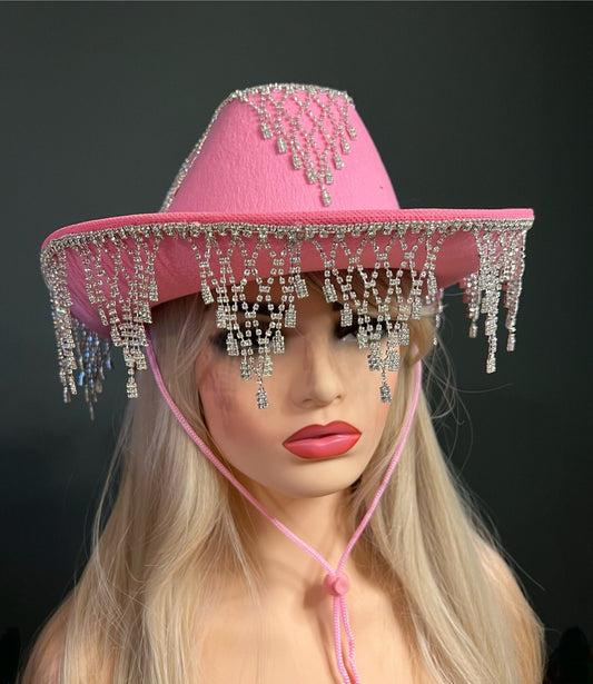 Rhinestone Hat, Fringe Hat, Hen, Party, Cowboy Hat, Pink