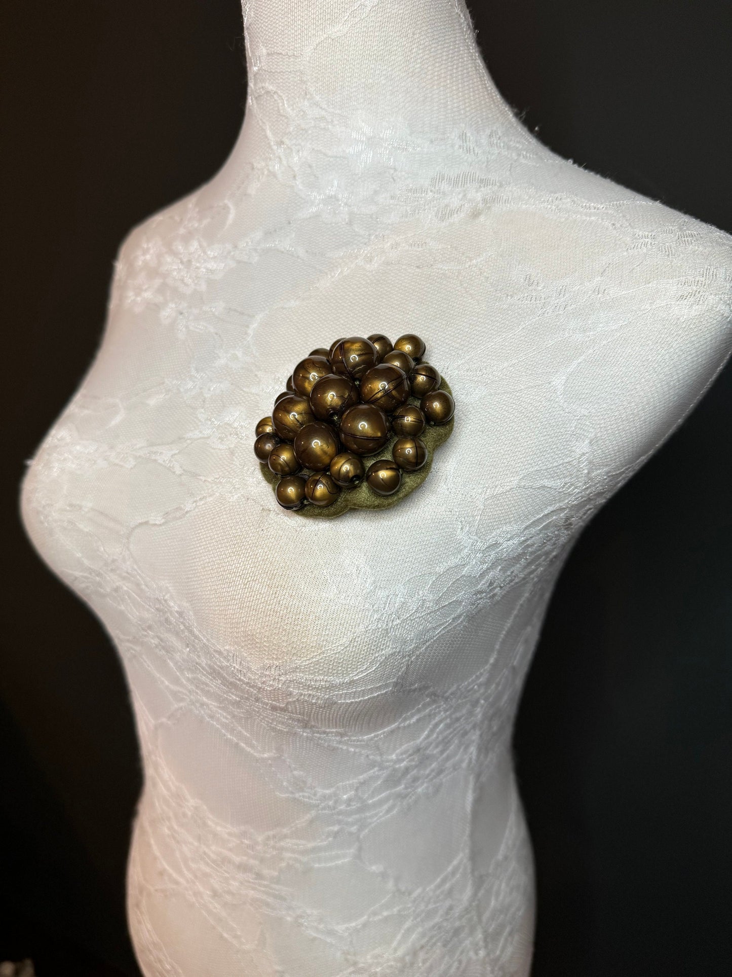Handmade Khaki Pearl Diamanté Brooch, Blazer Pin (3" Wide)