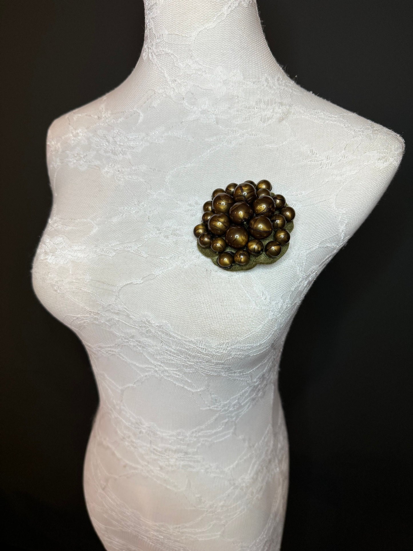 Handmade Khaki Pearl Diamanté Brooch, Blazer Pin (3" Wide)