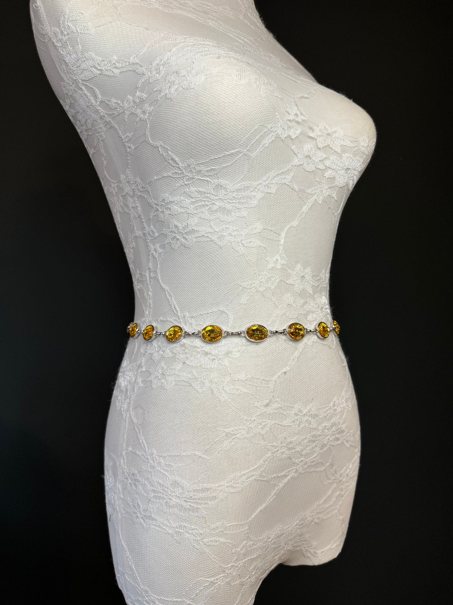 X-Long Belt, Yellow Jewel Rhinestone Belt, Silver Chain Belt, Vintage Style Belt, Diamante Belt, Fashion Belt, Elegant, Swimwear Belt