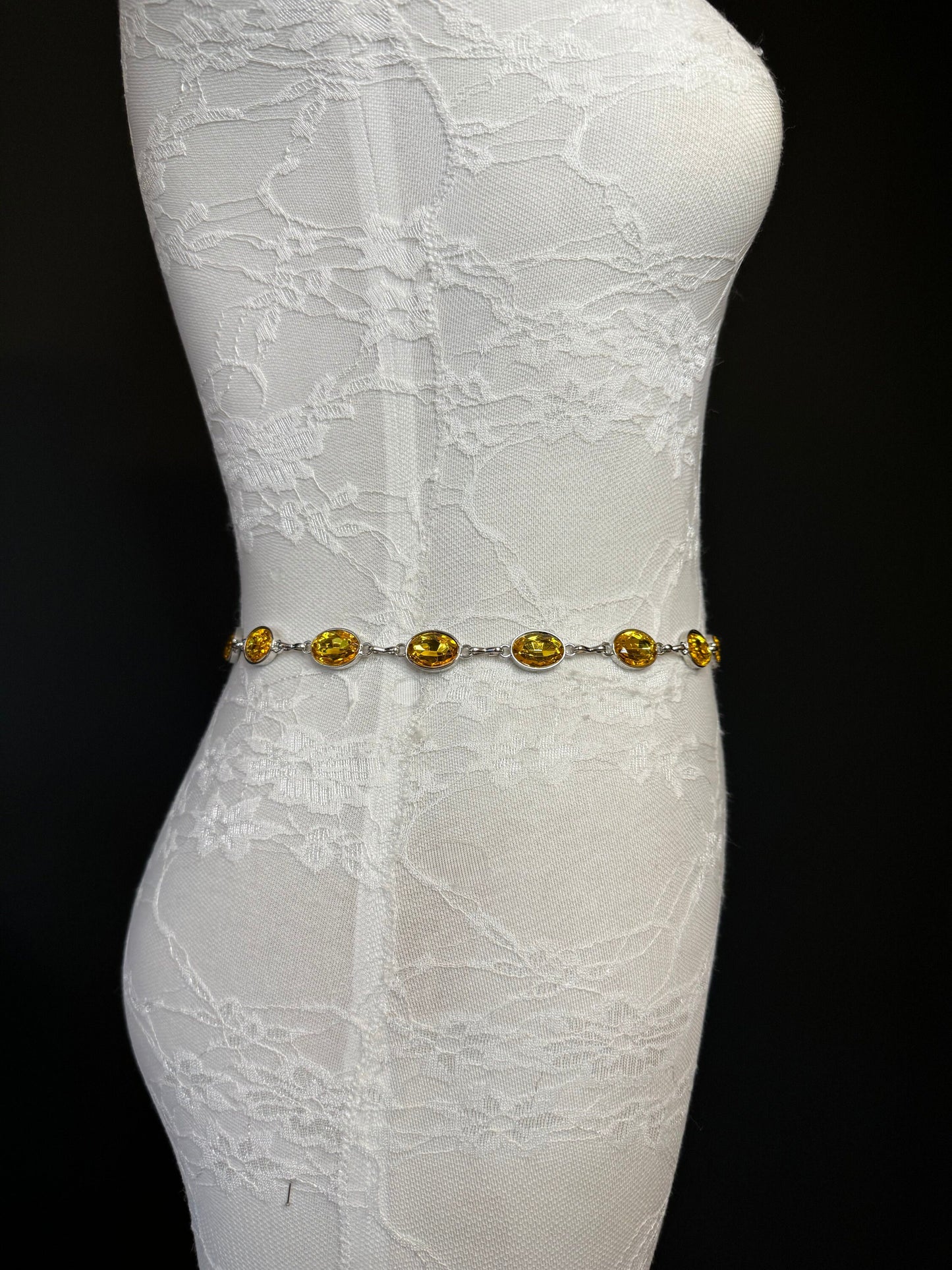 X-Long Belt, Yellow Jewel Rhinestone Belt, Silver Chain Belt, Vintage Style Belt, Diamante Belt, Fashion Belt, Elegant, Swimwear Belt