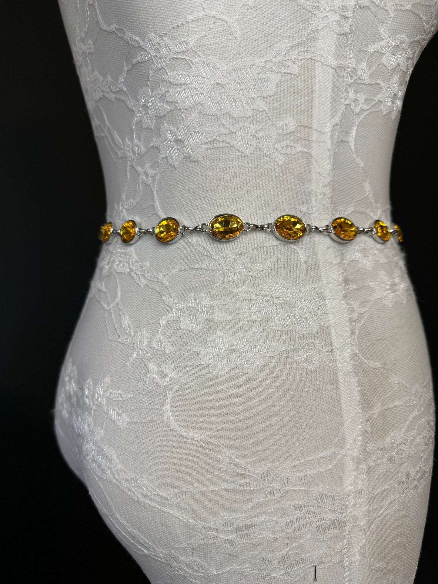 X-Long Belt, Yellow Jewel Rhinestone Belt, Silver Chain Belt, Vintage Style Belt, Diamante Belt, Fashion Belt, Elegant, Swimwear Belt