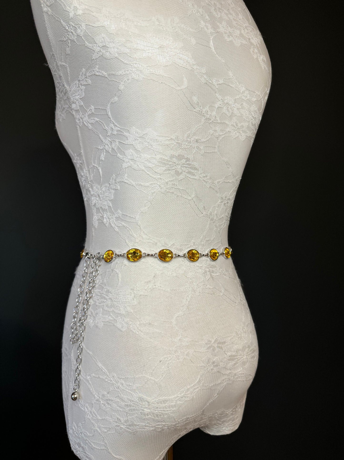 X-Long Belt, Yellow Jewel Rhinestone Belt, Silver Chain Belt, Vintage Style Belt, Diamante Belt, Fashion Belt, Elegant, Swimwear Belt