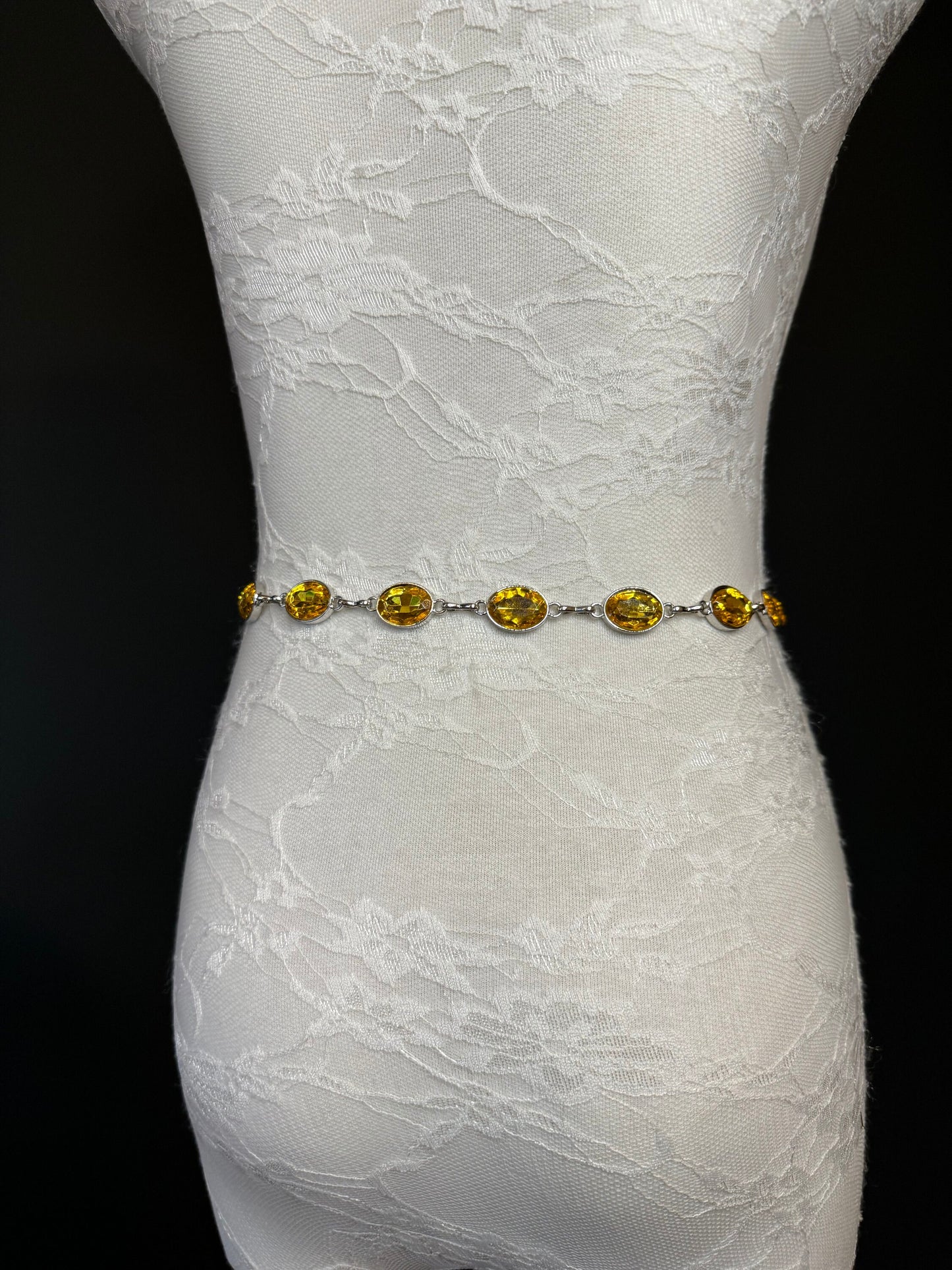 X-Long Belt, Yellow Jewel Rhinestone Belt, Silver Chain Belt, Vintage Style Belt, Diamante Belt, Fashion Belt, Elegant, Swimwear Belt