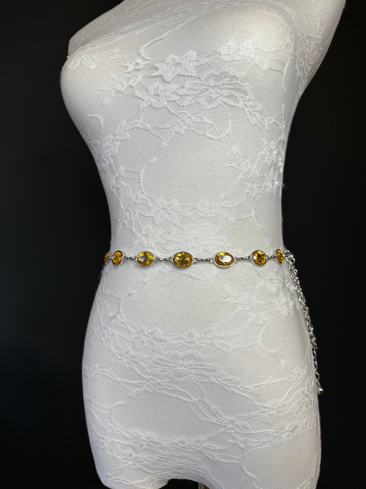 X-Long Belt, Yellow Jewel Rhinestone Belt, Silver Chain Belt, Vintage Style Belt, Diamante Belt, Fashion Belt, Elegant, Swimwear Belt