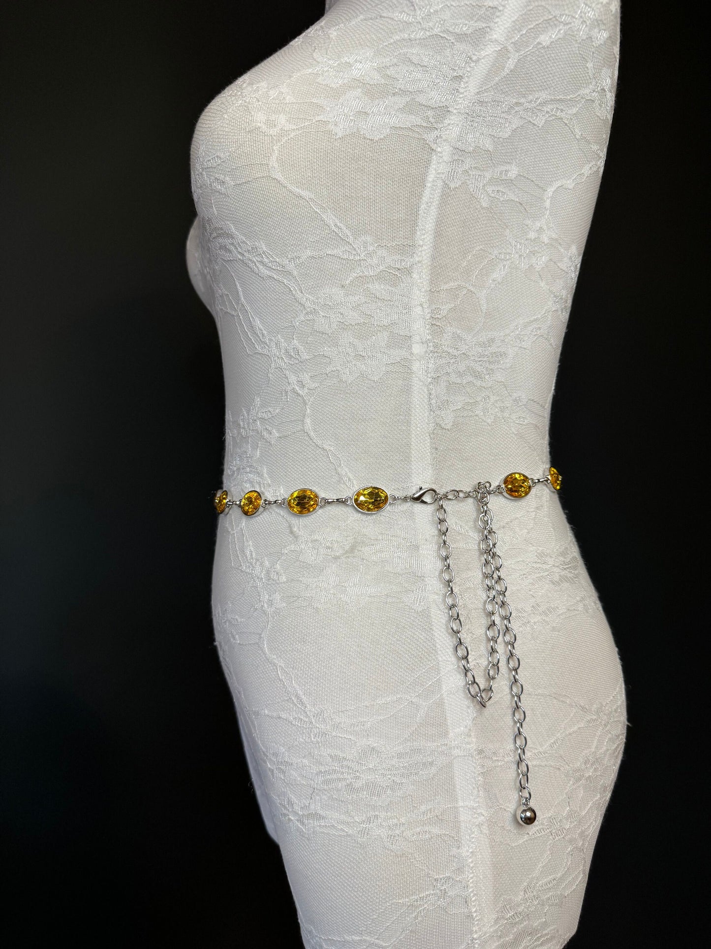 X-Long Belt, Yellow Jewel Rhinestone Belt, Silver Chain Belt, Vintage Style Belt, Diamante Belt, Fashion Belt, Elegant, Swimwear Belt