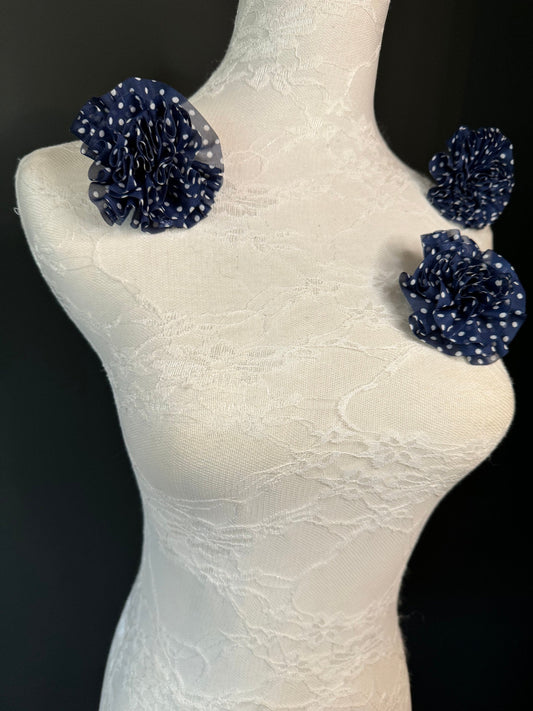Corsage Flower, Pin on, Navy White Spots, 3.5” Wide, Fabric Pin on Corsage, Bridal, Clothing, Fashion, Accessory, Fashion, Gift, FAN Design