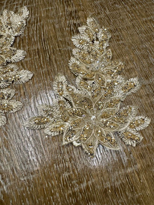 Gold Lurex Floral Flower, 6”x4”, Corsage, Sew on, Bridal, Clothing, Fashion, Hat, Accessory, Fashion, FAN Design