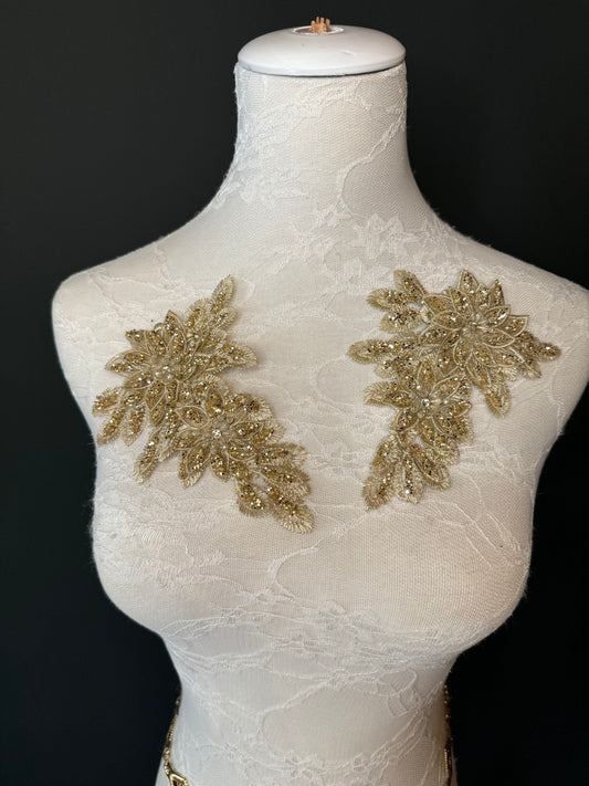 Gold Lurex Floral Flower, 6”x4”, Corsage, Sew on, Bridal, Clothing, Fashion, Hat, Accessory, Fashion, FAN Design, Sew on, Pin on Corsage