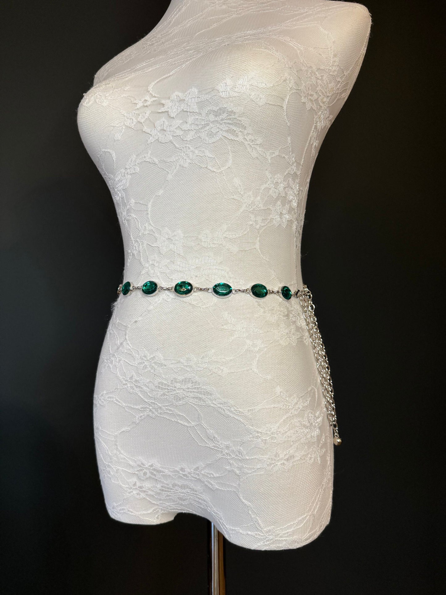 X-Long Belt, Emerald Green Jewel Rhinestone Belt, Silver Chain Belt, Vintage Style Belt, Diamante Belt, Fashion Belt, Elegant, Swimwear Belt