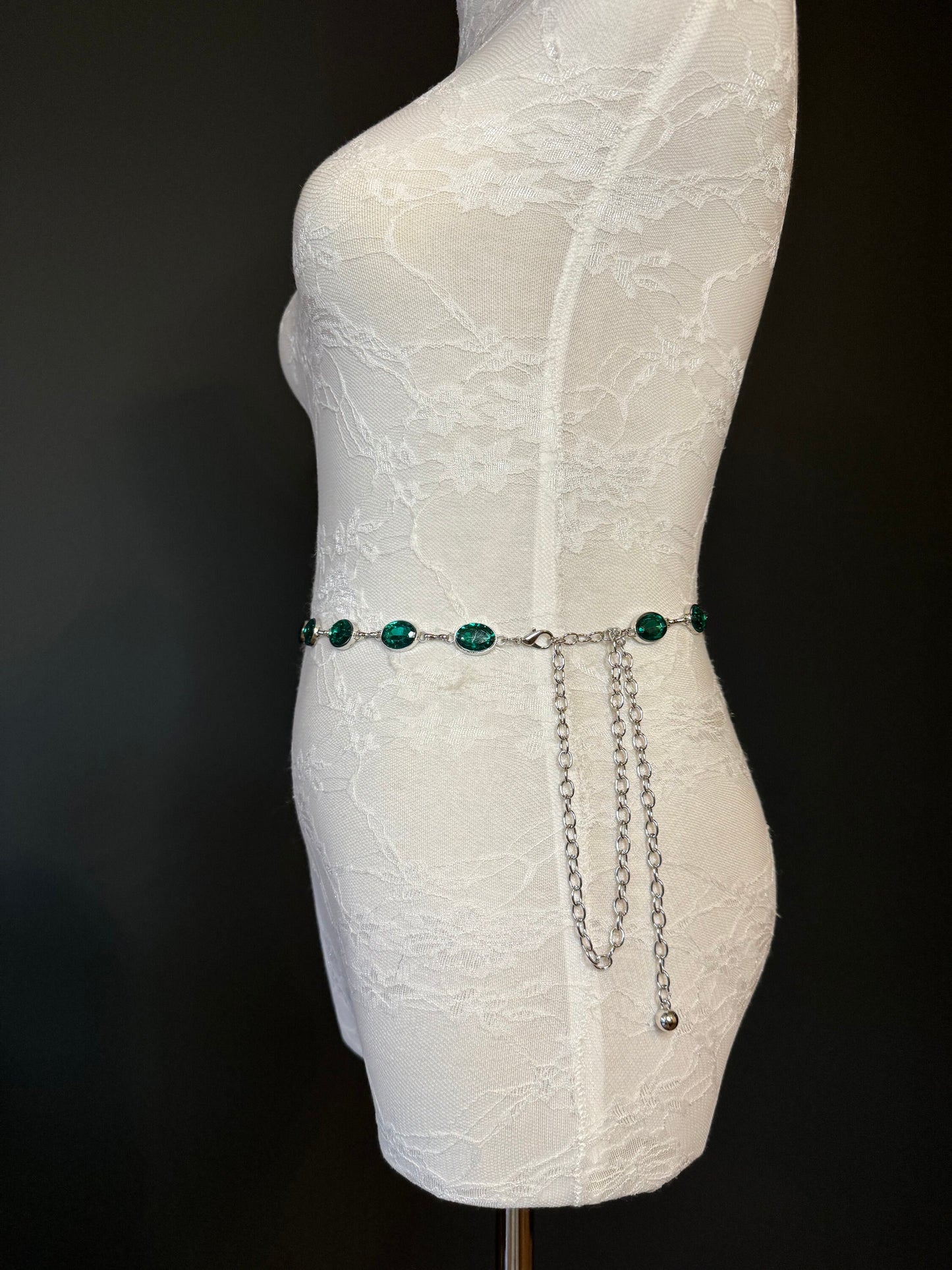 X-Long Belt, Emerald Green Jewel Rhinestone Belt, Silver Chain Belt, Vintage Style Belt, Diamante Belt, Fashion Belt, Elegant, Swimwear Belt