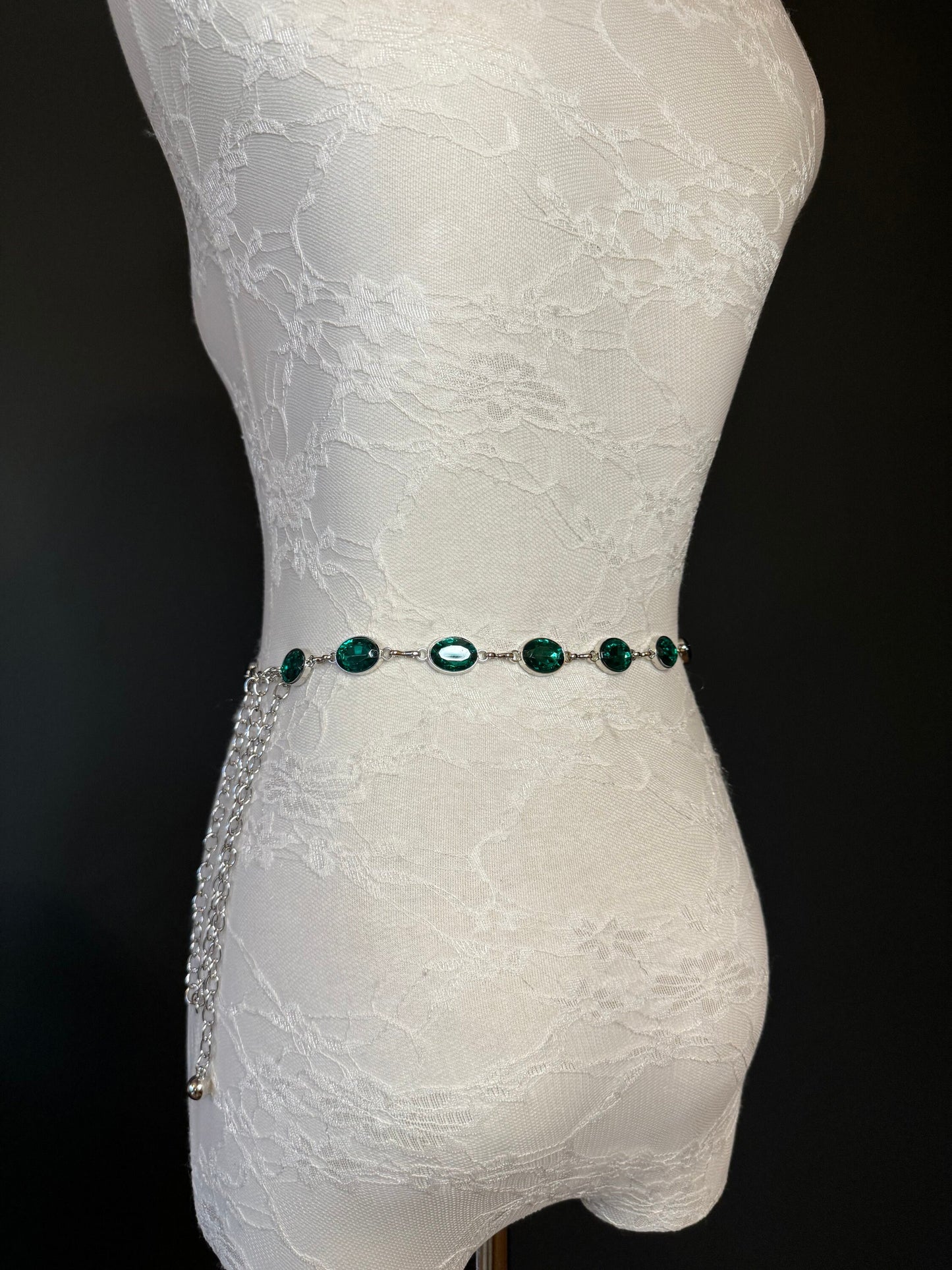X-Long Belt, Emerald Green Jewel Rhinestone Belt, Silver Chain Belt, Vintage Style Belt, Diamante Belt, Fashion Belt, Elegant, Swimwear Belt