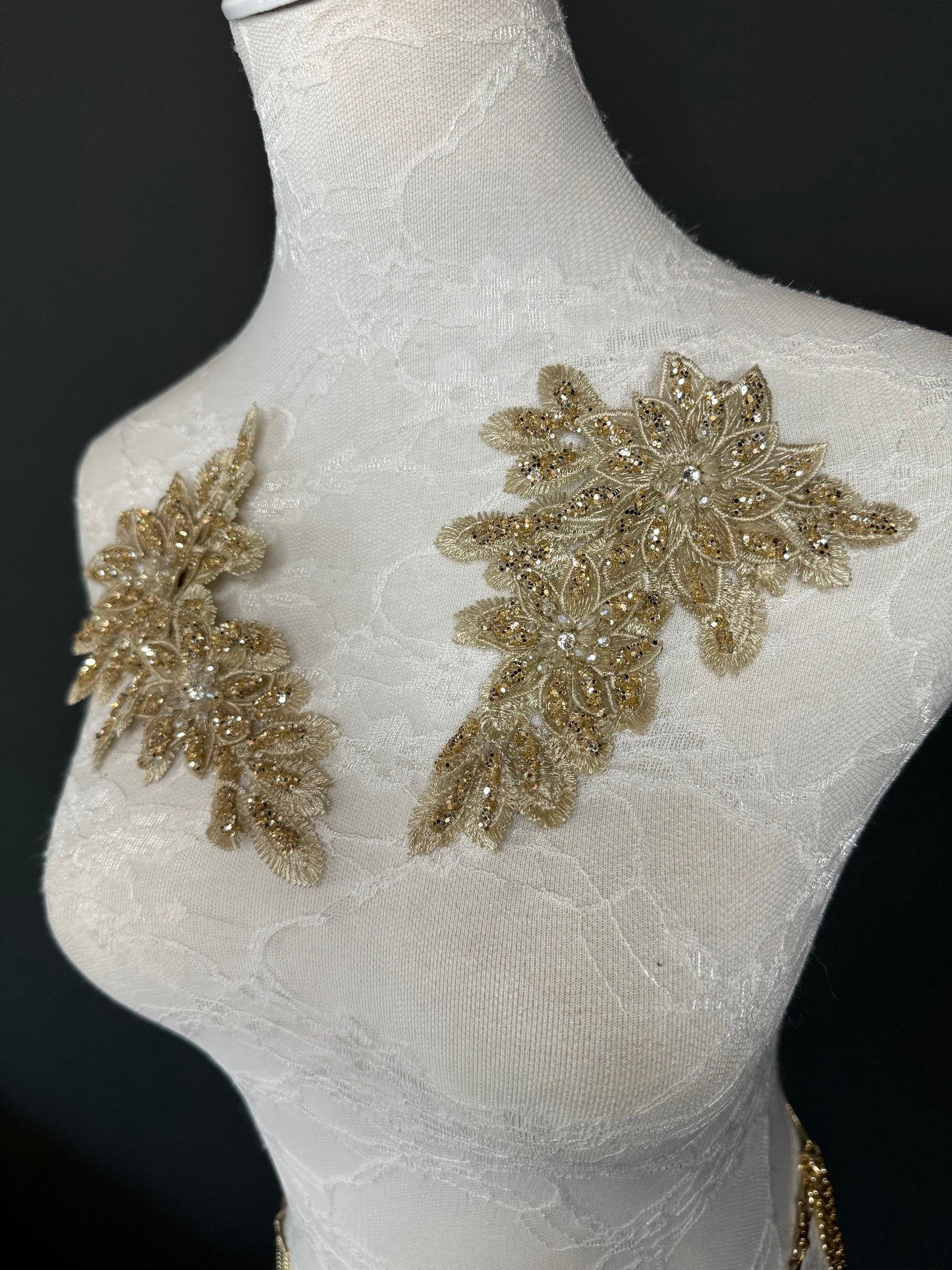 Gold Lurex Floral Flower, 6”x4”, Corsage, Sew on, Bridal, Clothing, Fashion, Hat, Accessory, Fashion, FAN Design