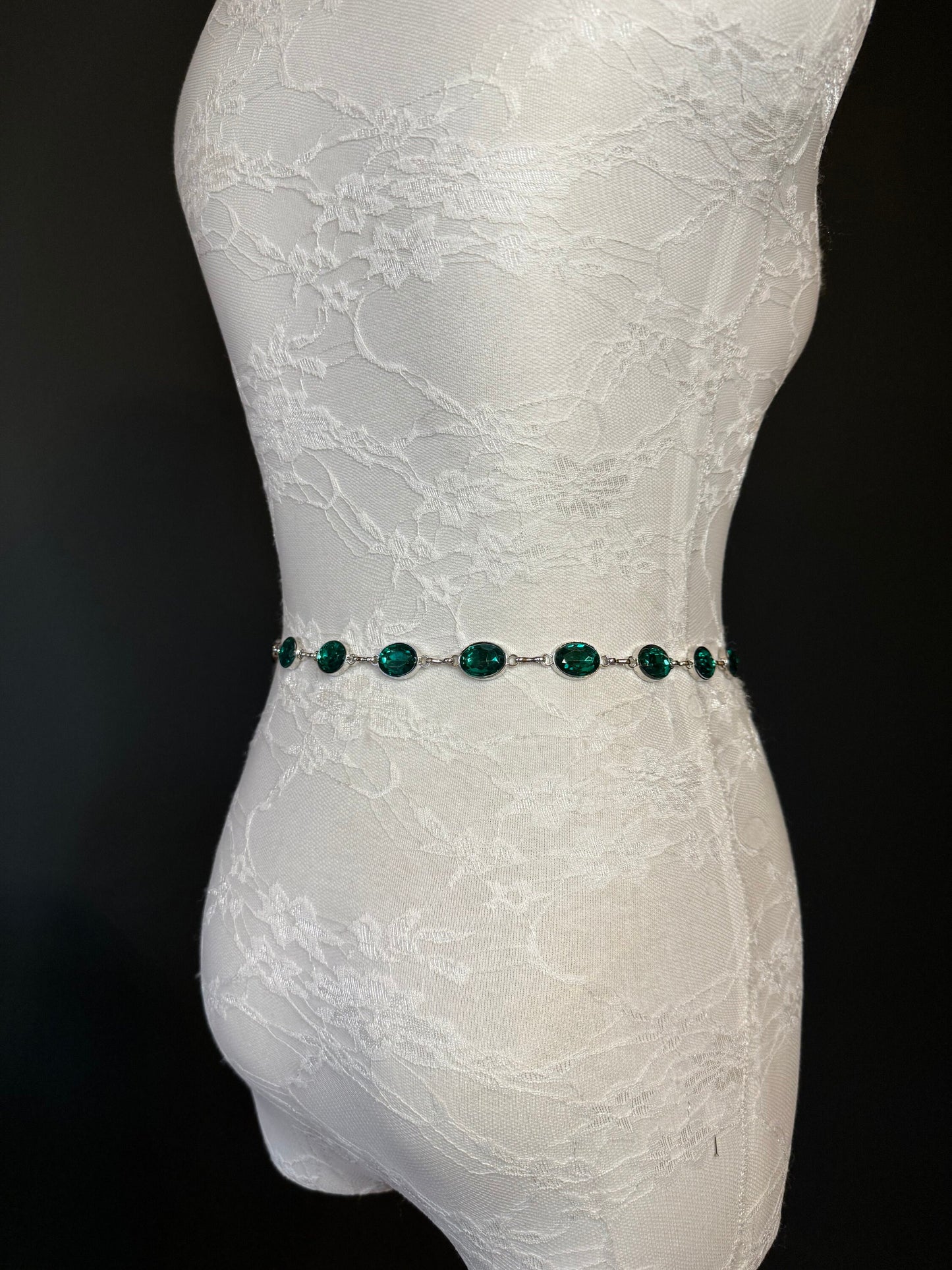 X-Long Belt, Emerald Green Jewel Rhinestone Belt, Silver Chain Belt, Vintage Style Belt, Diamante Belt, Fashion Belt, Elegant, Swimwear Belt