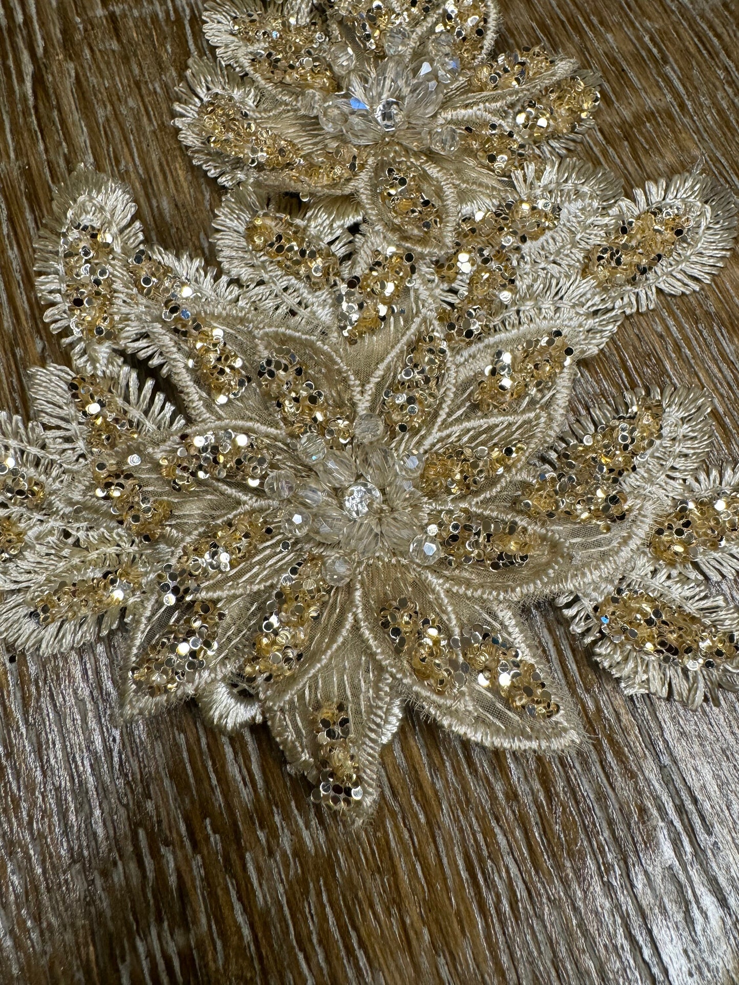 Gold Lurex Floral Flower, 6”x4”, Corsage, Sew on, Bridal, Clothing, Fashion, Hat, Accessory, Fashion, FAN Design