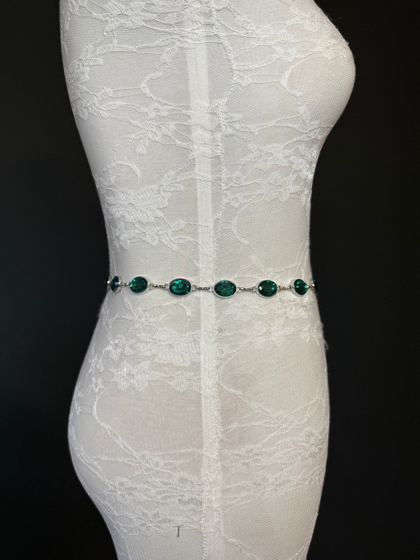 X-Long Belt, Emerald Green Jewel Rhinestone Belt, Silver Chain Belt, Vintage Style Belt, Diamante Belt, Fashion Belt, Elegant, Swimwear Belt