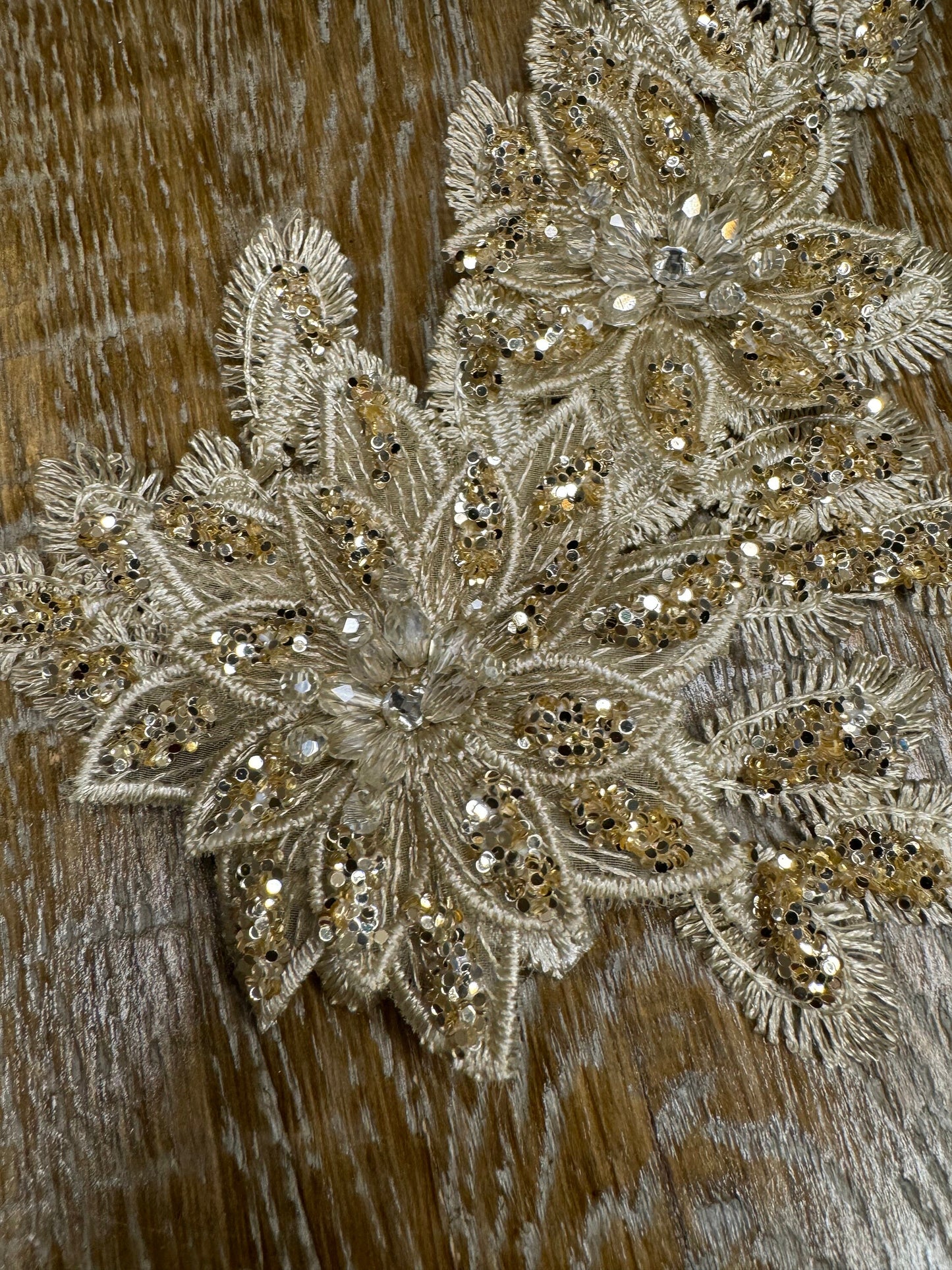 Gold Lurex Floral Flower, 6”x4”, Corsage, Sew on, Bridal, Clothing, Fashion, Hat, Accessory, Fashion, FAN Design