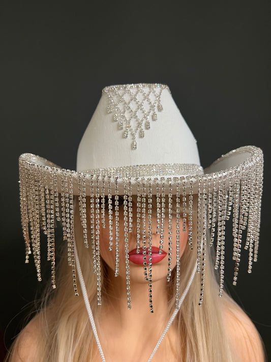 Rhinestone Hat, Fringe Hat, Hen, Party, Cowboy Hat, Black White