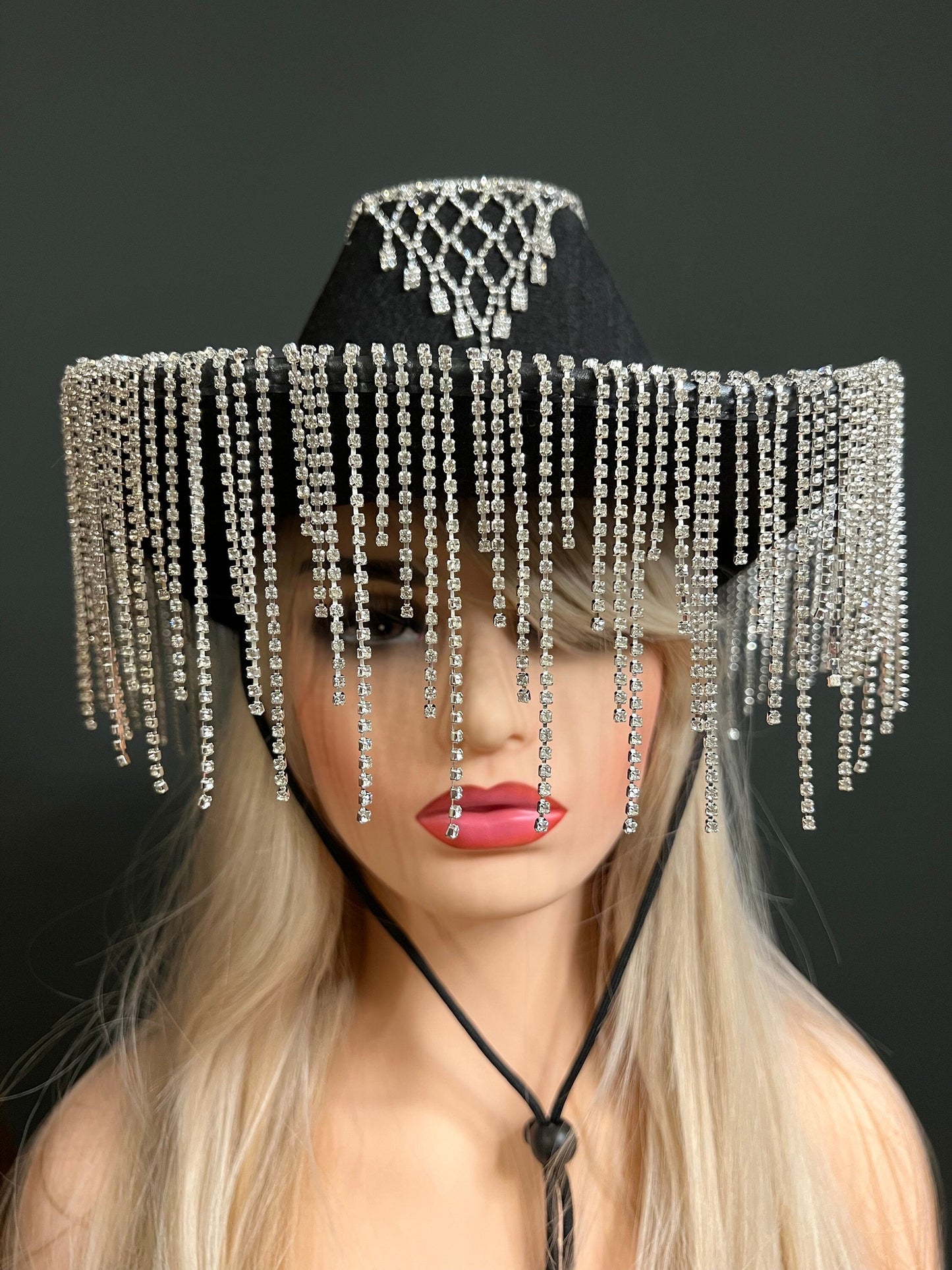 Rhinestone Hat, Fringe Hat, Hen, Party, Cowboy Hat, Black White