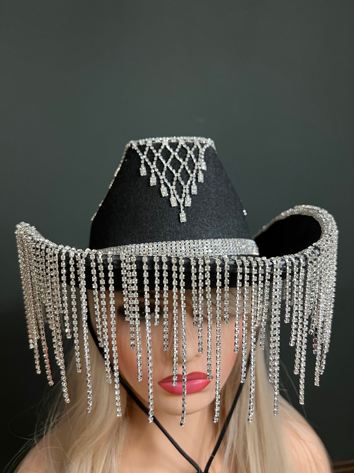 Rhinestone Hat, Fringe Hat, Hen, Party, Cowboy Hat, Black White