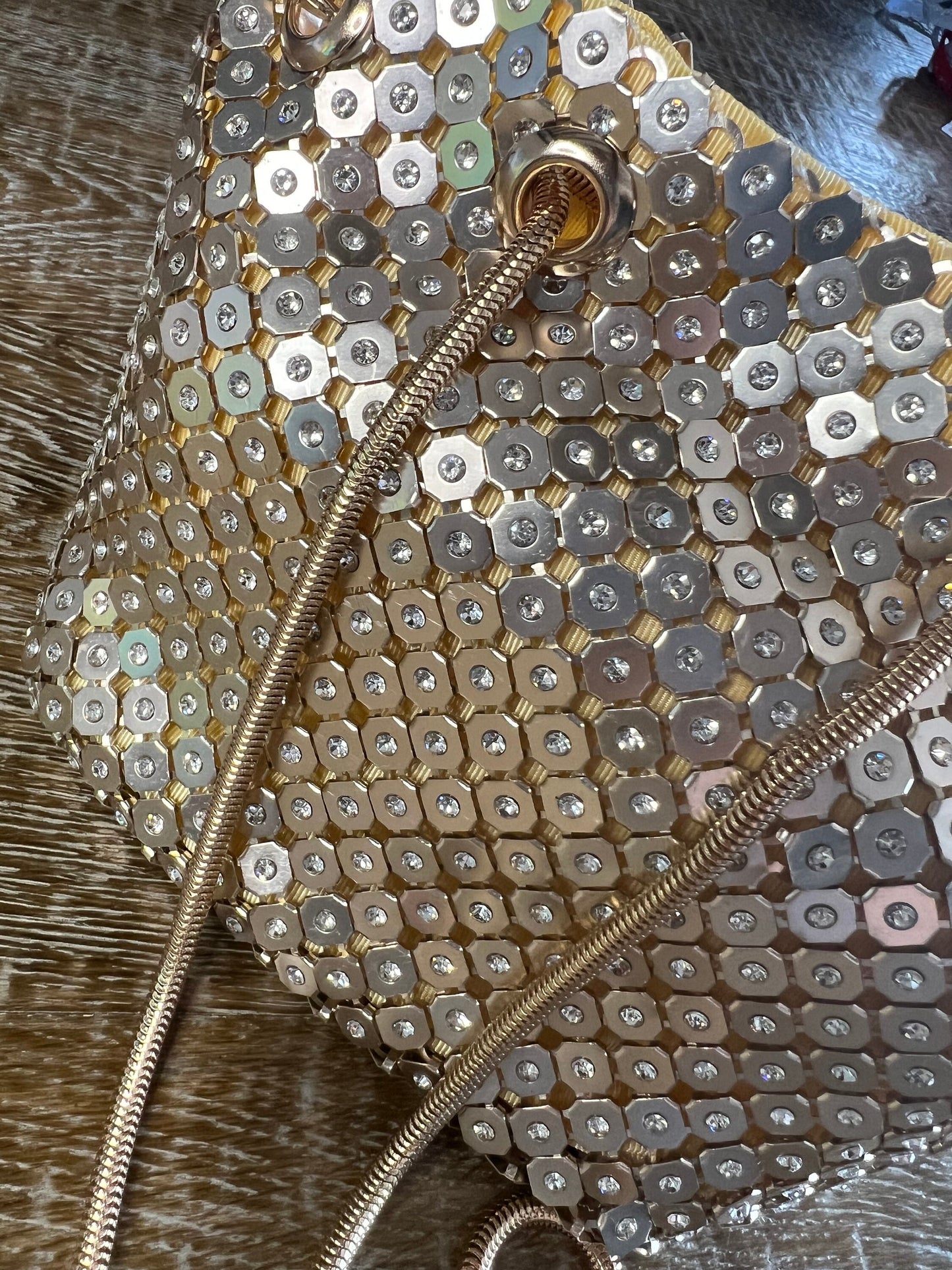 Rhinestone Chainmail Gold Handbag, Quality Handbag, Chainmail, Diamanté, Fashionable Bag