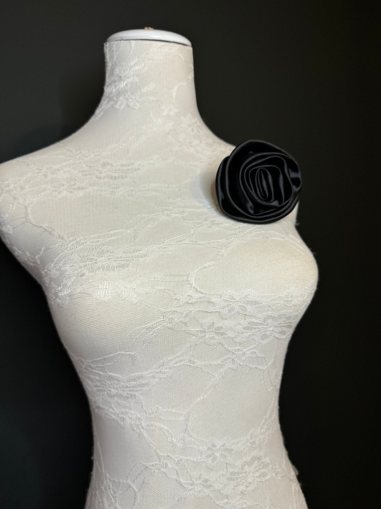 Black Satin Corsage Flower Pin, Bridal Accessory, 5" Wide